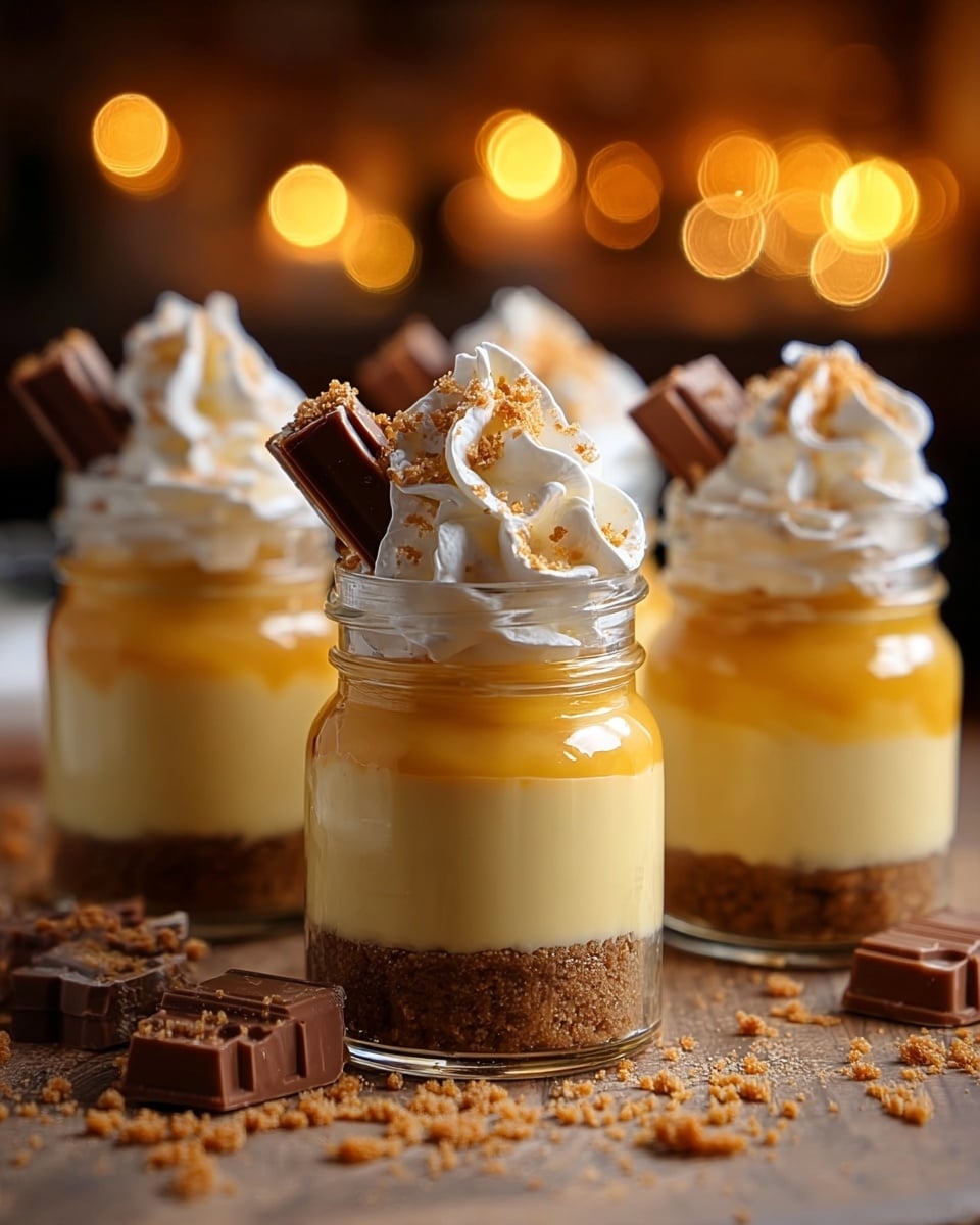The image shows four small glass jars filled with a layered dessert placed on a white marbled surface. Each jar has three layers: a base layer of crumbly brown cookie bits, a middle layer of smooth pale yellow pudding, and a top layer of glossy orange sauce. On top of the jars, there is a swirl of white whipped cream sprinkled with crushed cookie crumbs, with two jars having a rectangular piece of chocolate sticking out from the whipped cream. The background is softly blurred with warm yellow lights. photo taken with an iphone --ar 4:5 --v 7