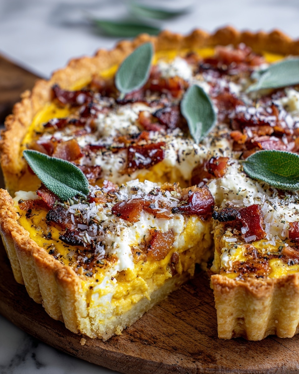 A close-up of a savory tart with a golden, crumbly crust forming a thick base and sides; the first layer inside is a smooth, yellow filling, topped with chunks of white creamy cheese. Over this, small pieces of crispy bacon with a reddish-brown color are spread evenly, sprinkled with finely grated white cheese and black pepper. Fresh green sage leaves are placed on top, adding a touch of color and texture. The tart is placed on a wooden board with a white marbled surface in the background. photo taken with an iphone --ar 4:5 --v 7