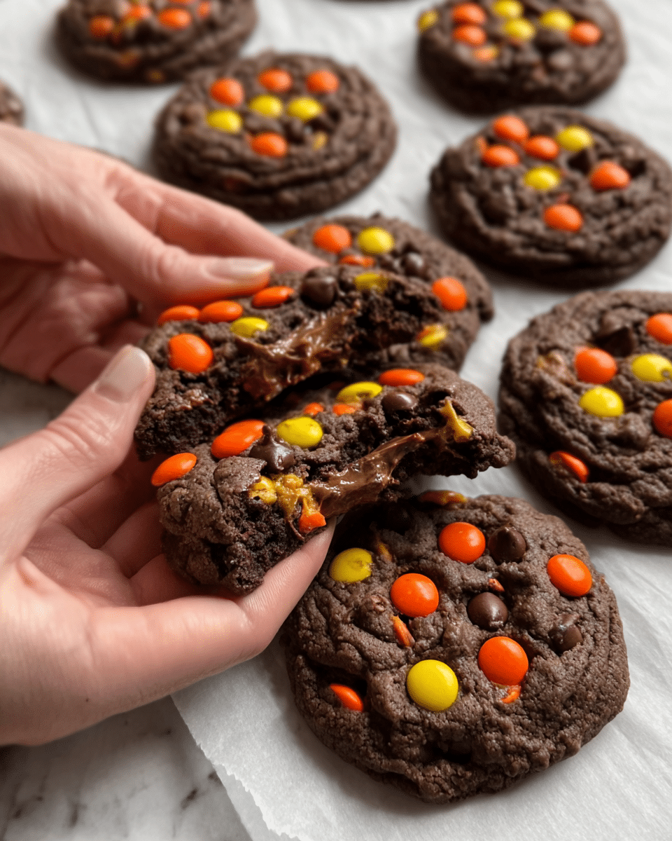 The image shows a close-up of several round chocolate cookies topped with small orange and yellow candy pieces, arranged on white baking paper placed on a white marbled surface. The cookies are thick with a rough, slightly crumbly texture and visible chocolate chips inside. In the foreground, a woman's hands hold and pull apart one cookie, revealing a soft, gooey chocolate inside with melted candy pieces embedded. The overall color contrast highlights the dark brown of the cookies against the bright candy colors and white background. Photo taken with an iphone --ar 4:5 --v 7