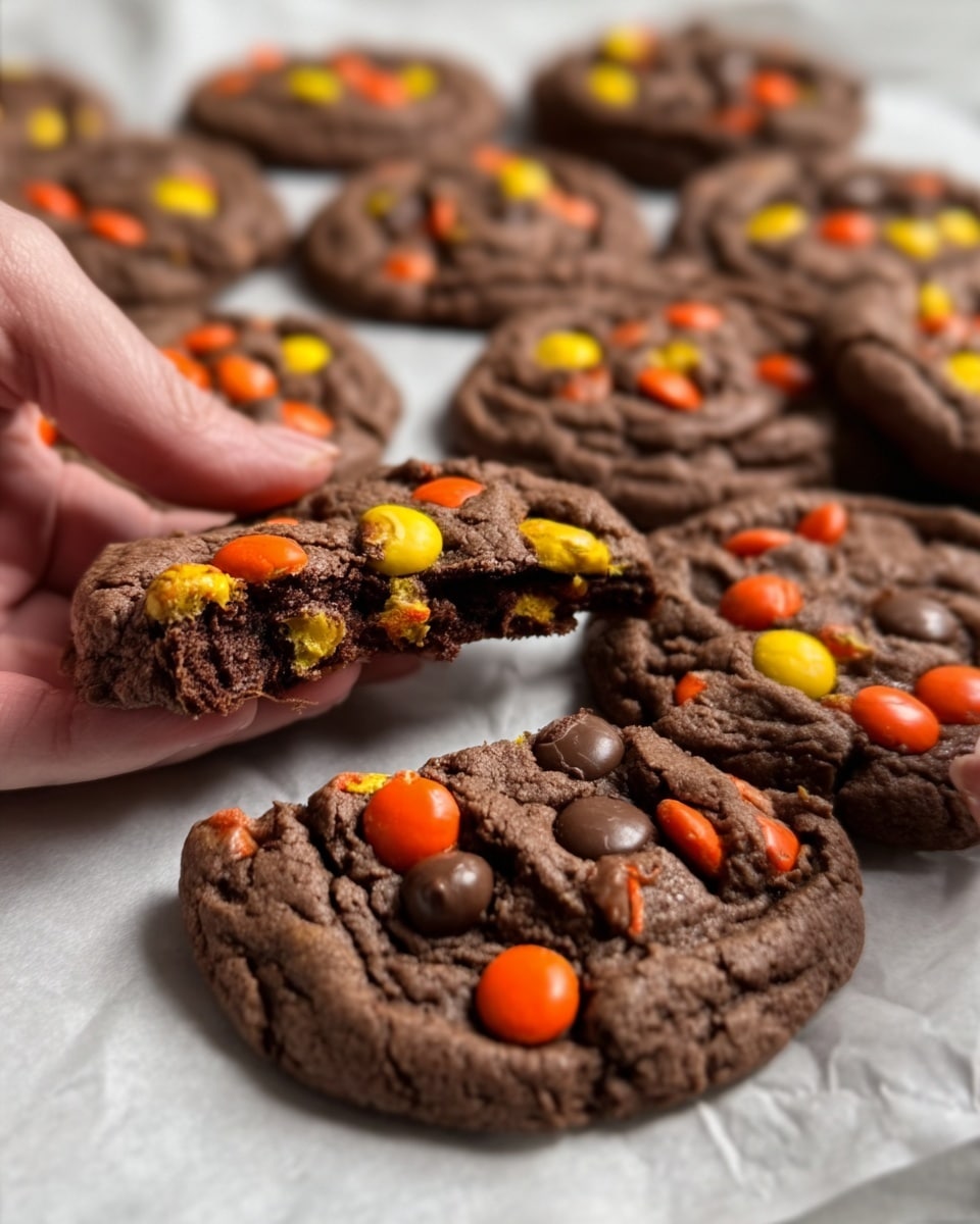 The image shows a close-up of many round chocolate cookies on white parchment paper placed on a white marbled surface. Each cookie has colorful candy pieces on top, mainly orange and yellow. In the foreground, a woman's hand is breaking one cookie in half, showing a soft and chewy inside with melted chocolate chips. The cookies have a rough, slightly bumpy texture from the candy pieces and chips, and the overall color is rich dark brown. Photo taken with an iphone --ar 4:5 --v 7