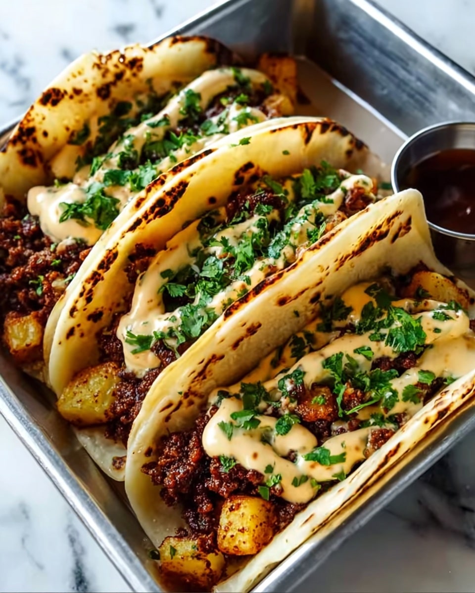 Three soft tortillas are folded and placed side by side in a metal tray on a white marbled surface, each filled with three layers: a bottom layer of browned ground meat with small cubes of fried potatoes, a middle creamy sauce drizzled over the meat, and a top layer of chopped fresh green cilantro scattered evenly. The tortillas are lightly toasted with brown spots, and the edges curve gently upward holding the filling inside, with a small cup of dark sauce visible in the background. photo taken with an iphone --ar 4:5 --v 7