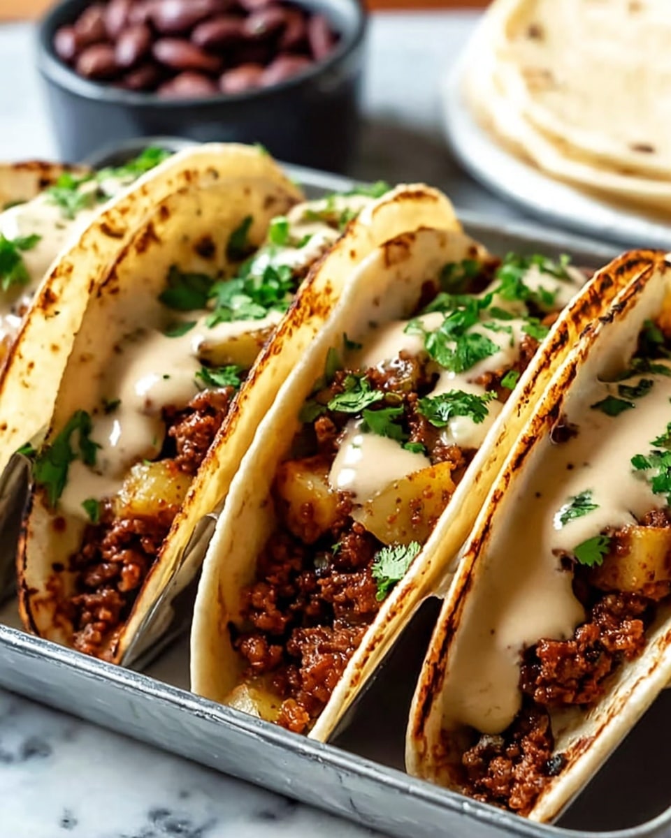Three soft, lightly toasted white corn tortillas stand upright in a shiny metal tray on a white marbled surface. Each tortilla holds a filling layer of dark brown, cooked ground meat mixed with small golden-brown potato cubes, topped with creamy light beige sauce flowing over the filling. Fresh green cilantro leaves are scattered on top, adding a bright color contrast. In the background, a blurred white plate and a small dish of dark reddish-brown beans can be seen. photo taken with an iphone --ar 4:5 --v 7