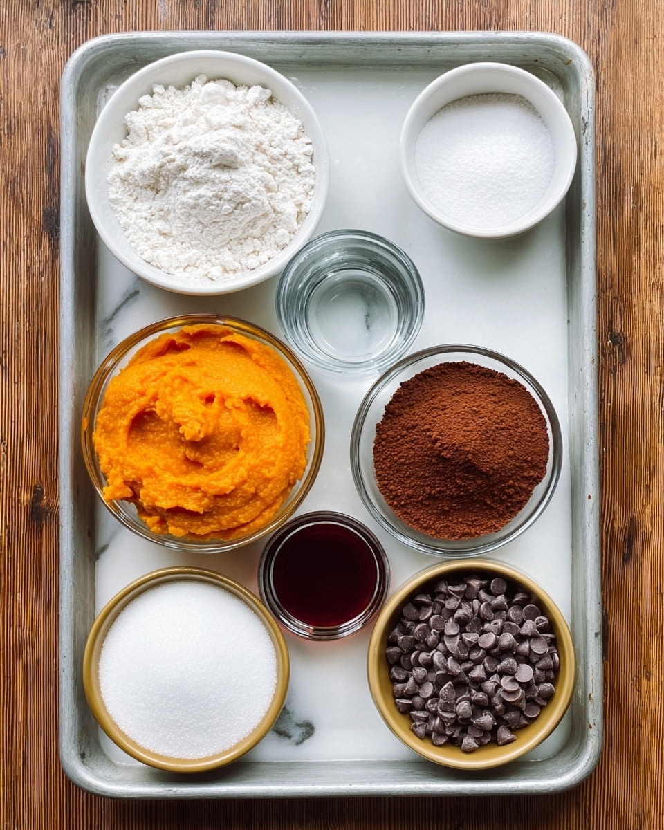 A top view of a metal baking tray with seven bowls arranged neatly on a white marbled surface. In the top left is a white bowl filled with white flour, next to it on the right is another white bowl with white sugar. Below the flour is a small clear glass of water, and to its right in the center is a white bowl with smooth orange pumpkin puree. Beneath the water glass is a clear glass bowl filled with brown cocoa powder, below is a small white bowl containing white baking soda or powder. At the bottom right is a gold-colored bowl full of small chocolate chips, and next to it on the top right corner of the tray is a small white bowl with a dark red liquid, likely vanilla extract. The tray rests on a wooden table. Photo taken with an iphone --ar 4:5 --v 7