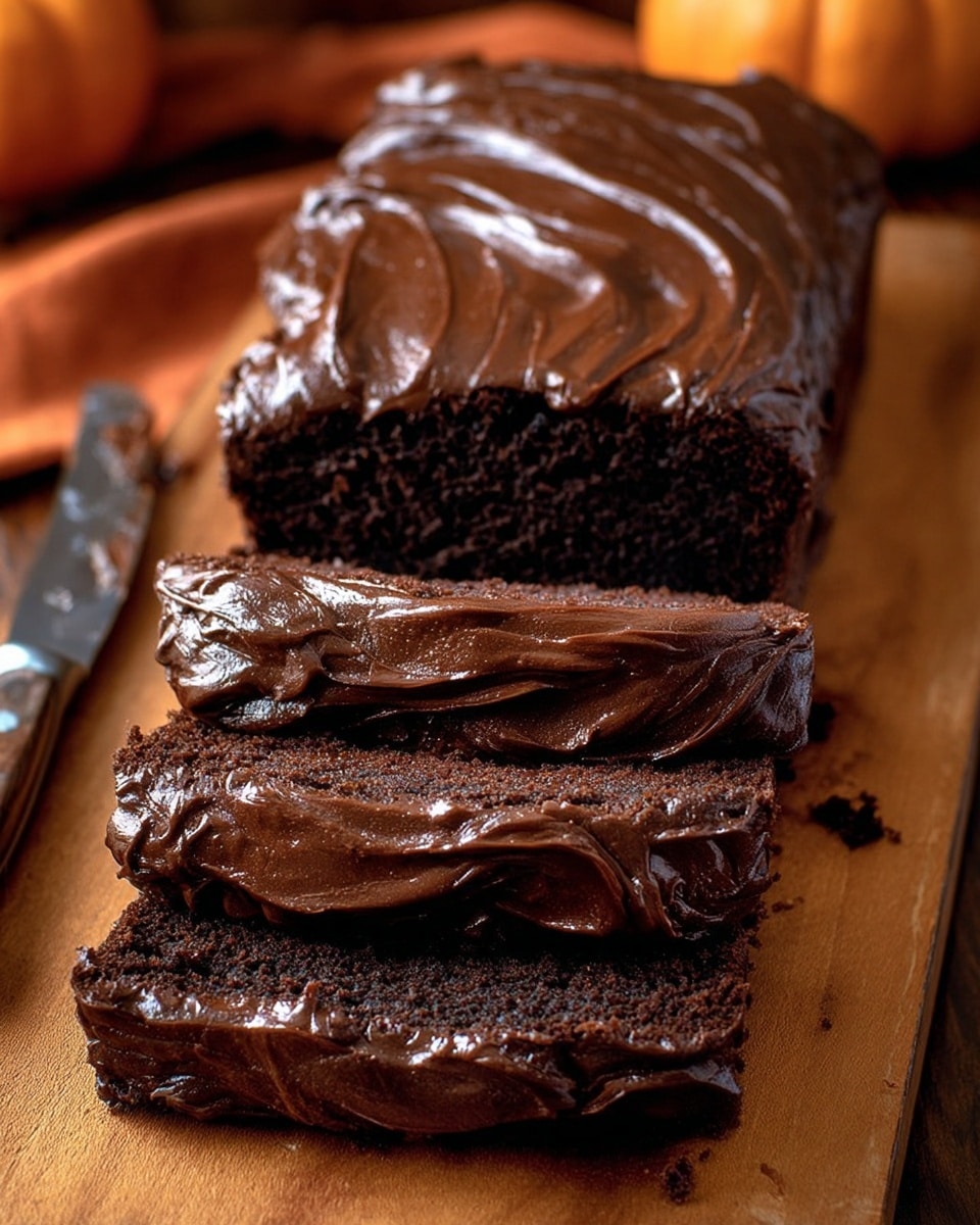 A rectangular chocolate loaf cake is shown on a wood cutting board, with three thick slices cut from it and laid in front. The cake has a dark, moist texture with swirls of thick, glossy chocolate frosting on top and between the slices. The frosting is rich and smooth, covering the entire top and sides of the loaf and each slice, creating a shiny, indulgent look. A butter knife with some frosting on the blade rests nearby on the cutting board. The background is blurred with warm tones, including a small orange pumpkin visible in the back corner. photo taken with an iphone --ar 4:5 --v 7