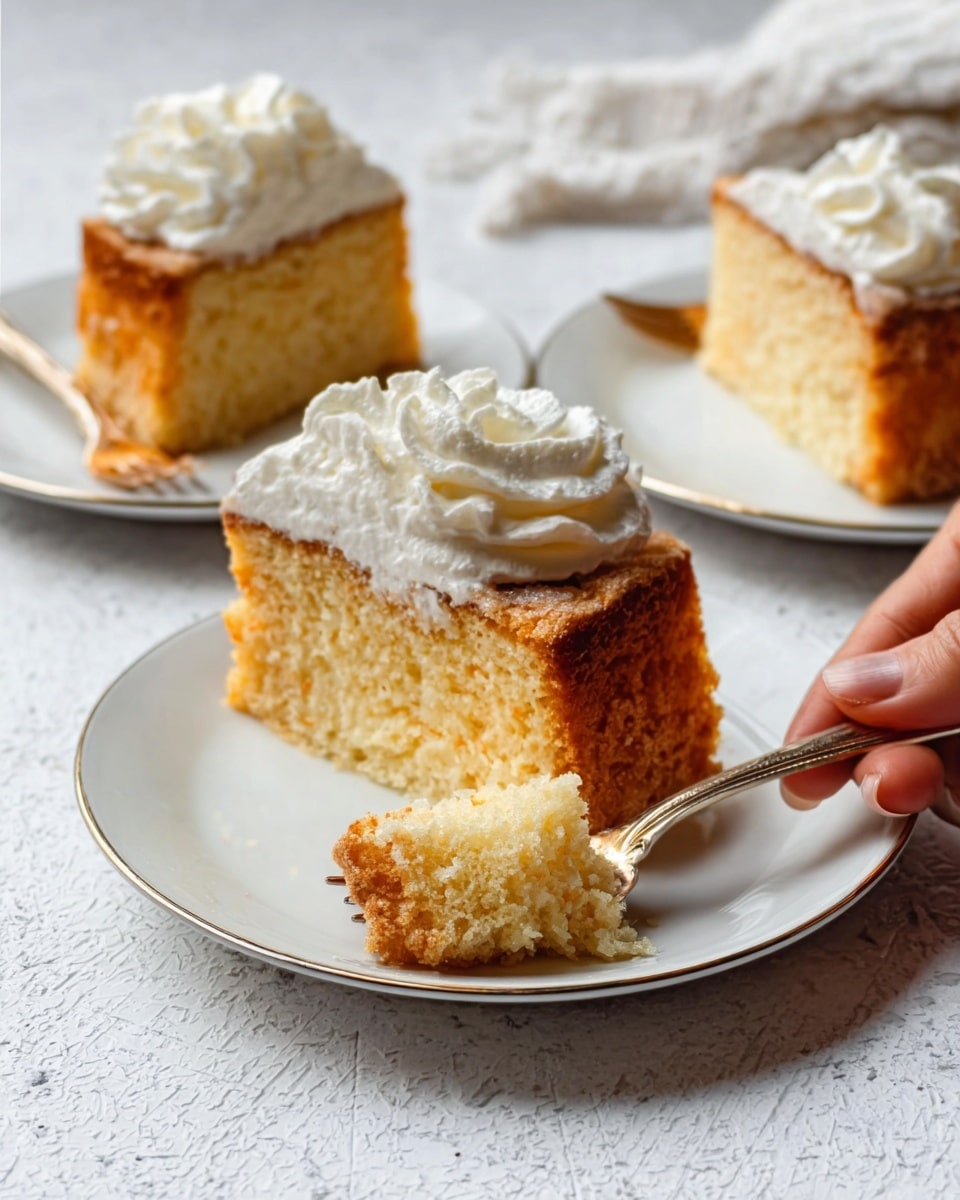 The image shows a slice of crumbly cake with a golden-brown top layer and a light, textured inside on a white plate with a simple silver rim. On top of the cake, there is a swirl of white whipped cream with soft peaks, creating a fluffy texture. Next to the main slice, there is a small piece of cake broken off, displaying the crumbly inside clearly. In the background, two more slices of the same cake are placed on similar white plates, with one having a silver fork resting beside it. A woman's hand is holding the small piece of cake close to the front slice. The entire setting is on a white marbled texture surface. photo taken with an iphone --ar 4:5 --v 7