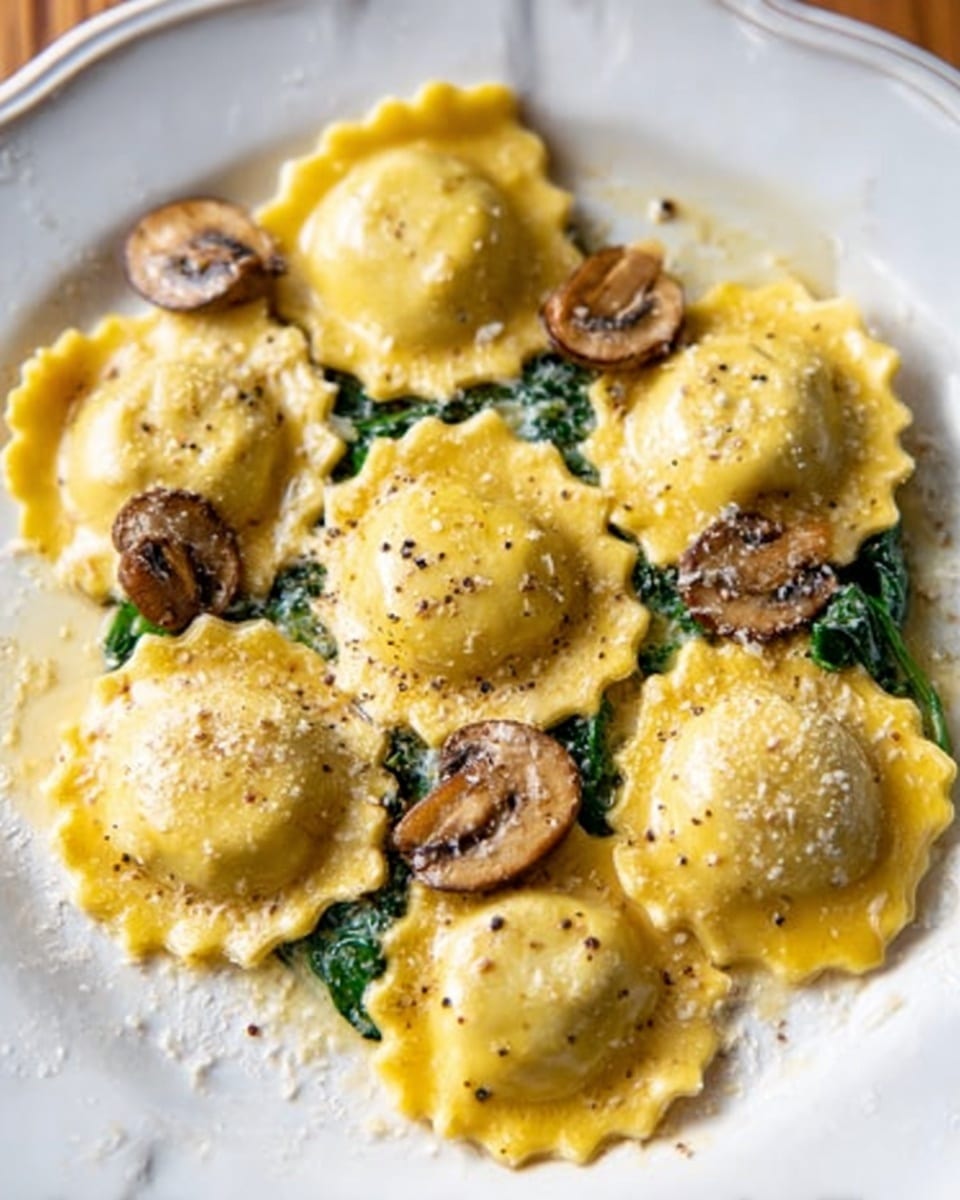 The image shows a close-up of five golden-yellow ravioli with scalloped edges on a white plate, each ravioli topped lightly with cracked black pepper. Below and around the ravioli is a layer of cooked fresh spinach leaves, deep green with a wilted texture. Scattered on top and between the ravioli are several slices of browned, sautéed mushrooms with a juicy, slightly shiny texture. The dish is coated in a light golden sauce that pools slightly on the plate, adding a glossy finish. photo taken with an iphone --ar 4:5 --v 7