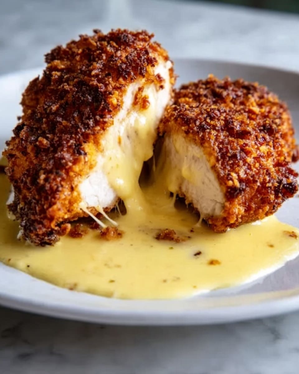 A crispy, deep golden brown fried chicken cut in half rests on a white plate with melted cheese stretching between the two halves. The outside layer is crunchy with a rough, textured coating, while the inside shows juicy, tender white meat. A creamy, light yellow sauce pools beneath the chicken, spreading softly across the plate. The scene is set on a white marbled surface. Photo taken with an iphone --ar 4:5 --v 7
