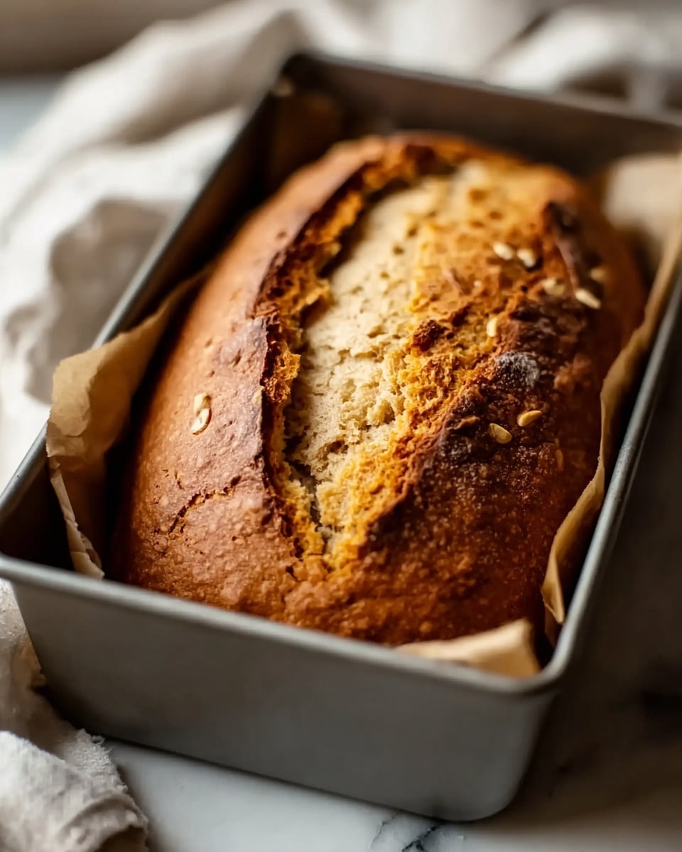 The image shows a loaf of baked bread with a golden-brown crust and a deep crack running down the center, revealing a slightly lighter, soft inside texture. The bread is inside a metal rectangular baking pan resting on a white marbled surface, and a white cloth is partially visible in the background, adding a cozy touch. The crust looks cracked and crunchy, while the loaf appears fluffy and moist inside. Photo taken with an iphone --ar 4:5 --v 7