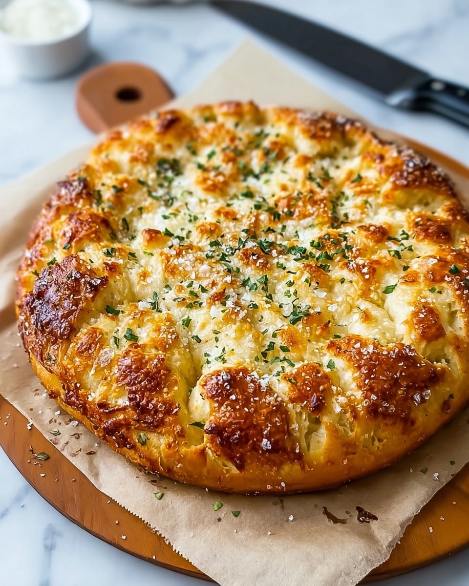 A round cheesy bread with a golden brown, bubbly crust sits on a round wooden board covered with parchment paper. The bread has a thick crust with some darker, toasted spots and is topped with melted white and light orange cheese, scattered finely chopped green herbs, and coarse salt crystals, giving a textured and savory look. In the background, there is a black knife resting on the white marbled surface. photo taken with an iphone --ar 4:5 --v 7