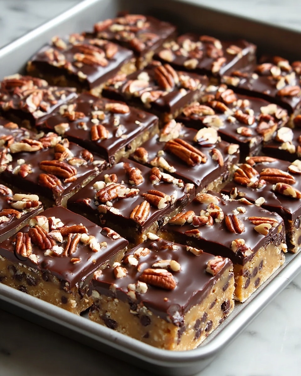 The image shows a baking tray filled with a thick, two-layer dessert cut into square pieces. The bottom layer is dense and light brown with a moist, crumbly texture mixed with dark chocolate chips. The top layer is a smooth, glossy dark chocolate coating decorated with whole and chopped pecans scattered evenly on each piece. The tray is placed on a white marbled texture surface. photo taken with an iphone --ar 4:5 --v 7