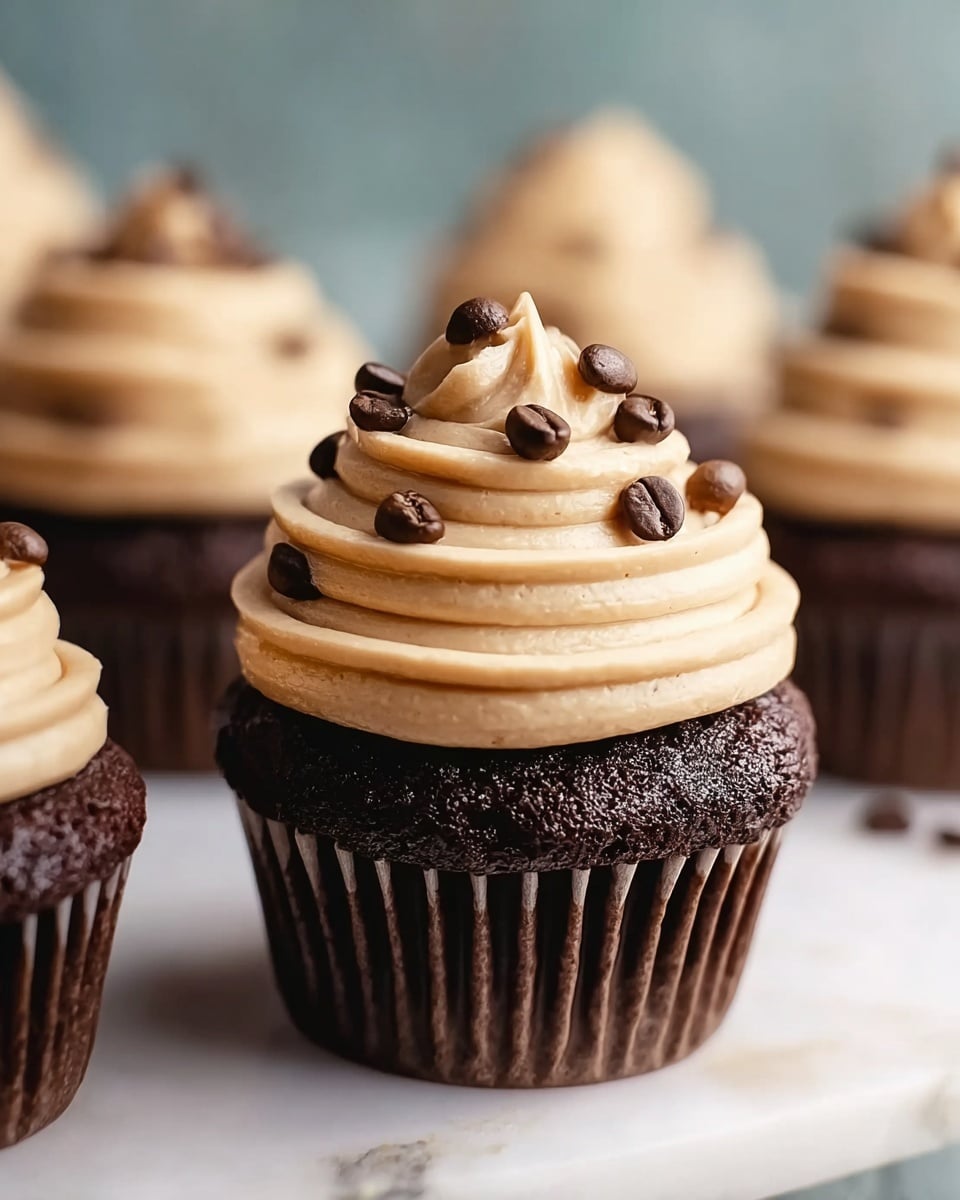 A close-up view of a single chocolate cupcake with a dark, rich, and moist textured base sitting in a dark brown liner. On top, there is a thick layer of light beige coffee-colored frosting swirled in smooth, even rings forming a tall peak, decorated with scattered small, glossy dark brown coffee beans. In the blurry background, more identical cupcakes are partly visible, all placed on a white marbled surface. photo taken with an iphone --ar 4:5 --v 7