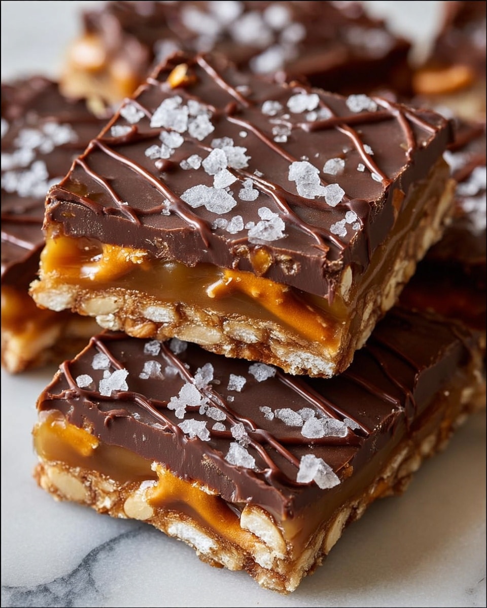 The image shows a close-up of two square-shaped caramel and chocolate pretzel bars stacked on top of each other. Each bar has three visible layers: at the bottom, a layer of crunchy light brown pretzels; in the middle, a thick golden caramel layer with a shiny and smooth texture; on top, a thick layer of milk chocolate with a glossy finish, drizzled with thin dark chocolate lines. Large white salt crystals are sprinkled on the top layer, adding texture and contrast. The bars sit on a white marbled surface. photo taken with an iphone --ar 4:5 --v 7