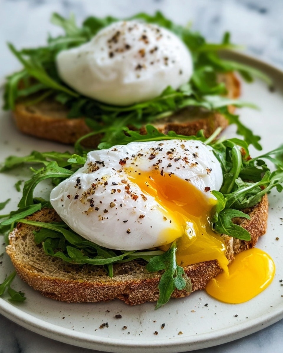 Two pieces of toasted brown bread sit on a white plate with a white marbled texture surface underneath. Each toast has a layer of fresh green arugula leaves on top, and on that rests a soft white poached egg sprinkled with black pepper. The egg in the front is slightly cut open, showing a bright yellow, runny yolk flowing onto the arugula and toast. The photo is close up, showing texture in the bread crust and the softness of the eggs. photo taken with an iphone --ar 4:5 --v 7