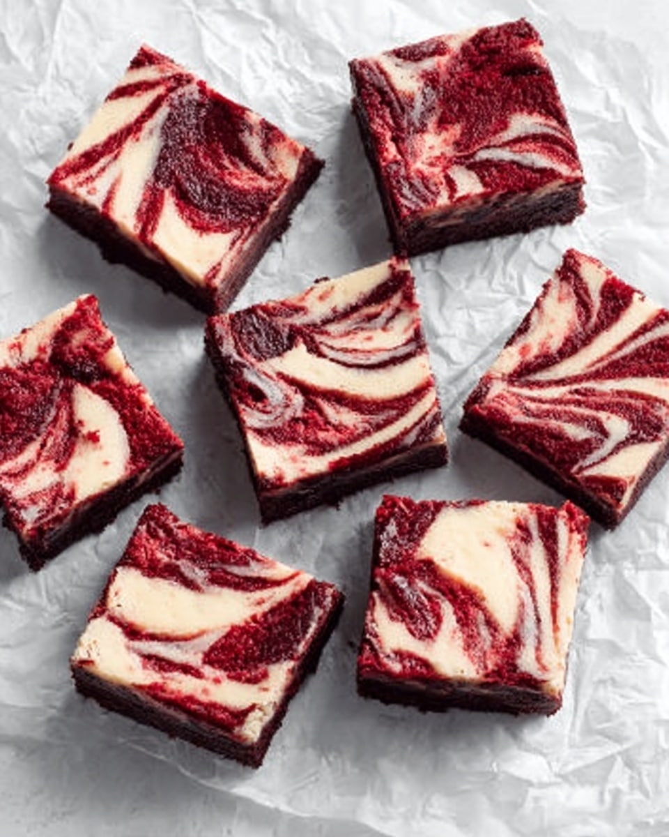 The image shows nine square pieces of red velvet and cream cheese swirl brownies arranged on crumpled white parchment paper. Each brownie has a marbled top layer with a mix of deep red and light cream swirls, creating a contrast of colors and smooth textures. The edges of the brownies are clean and sharp, showing a dense and moist texture inside. The background is a white marbled surface that adds brightness without drawing attention away from the brownies. Photo taken with an iphone --ar 4:5 --v 7