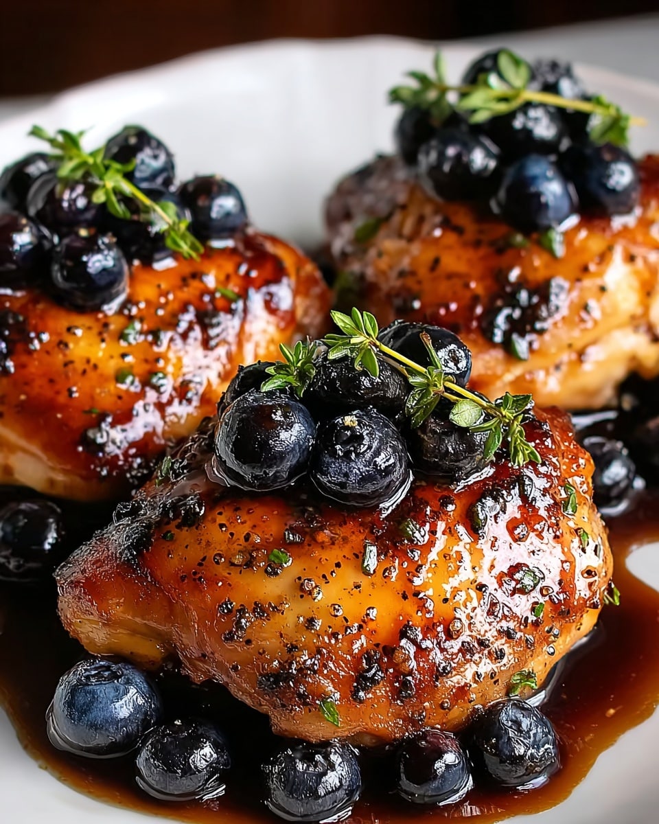 Three grilled chicken thighs are placed close together on a white plate, each piece showing a shiny, caramelized brown surface with black pepper and grill marks. On top of every chicken thigh, there is a small pile of dark, glossy blueberries, and a few sprigs of fresh green herbs adding color contrast. Around the chicken, whole blueberries sit in a dark, thick sauce that pools at the bottom, giving a glossy finish to the dish. The photo is taken from a close angle with a white marbled texture beneath the plate, showing rich, moist textures with vivid colors. photo taken with an iphone --ar 4:5 --v 7