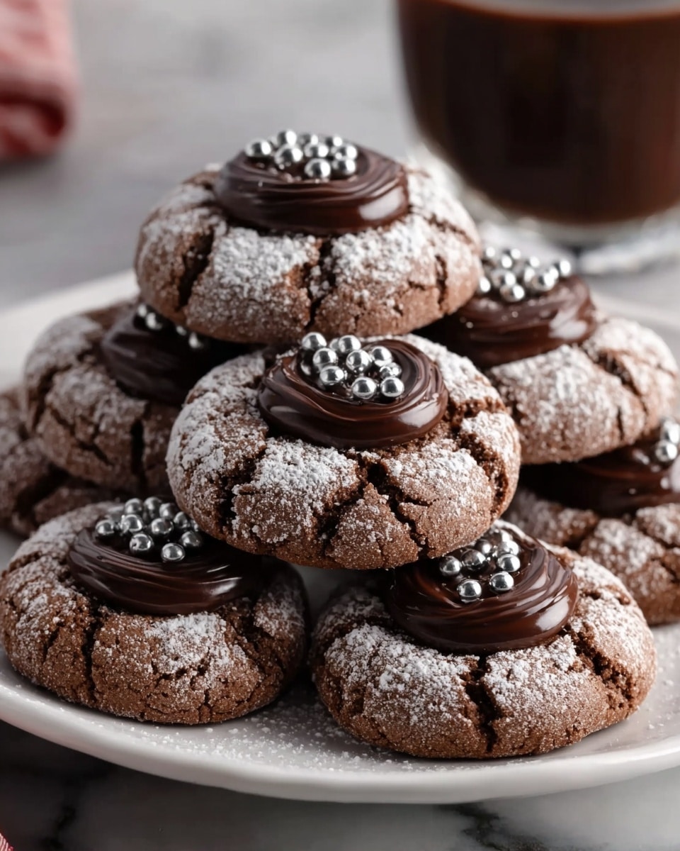 A white plate holds six round chocolate cookies, each with a cracked textured surface dusted lightly with powdered sugar. In the center of each cookie is a shiny dark chocolate swirl topped with small silver balls forming a ring around the chocolate center. The cookies are stacked slightly on top of each other, and the background shows a blurred glass container and a white marbled surface beneath. Photo taken with an iphone --ar 4:5 --v 7