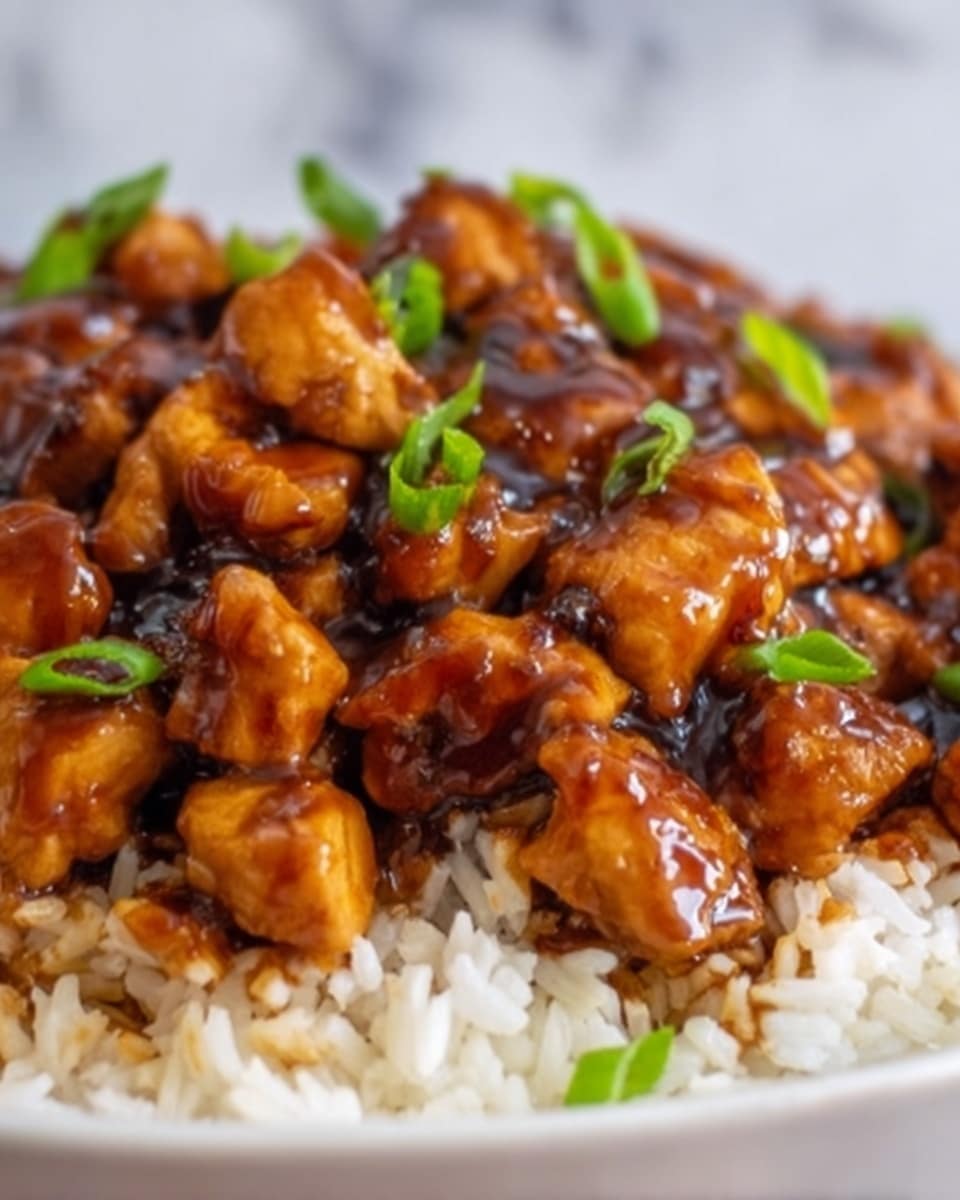 The image shows a close-up of a white bowl filled with white rice at the bottom layer, topped with bite-sized pieces of grilled chicken coated in a thick, shiny brown sauce. The sauce has a rich glaze that catches the light, making the chicken look juicy and tender. Small pieces of green onion are sprinkled on top, adding a fresh green color contrast to the warm brown and white tones. The background is a white marbled texture. Photo taken with an iphone --ar 4:5 --v 7