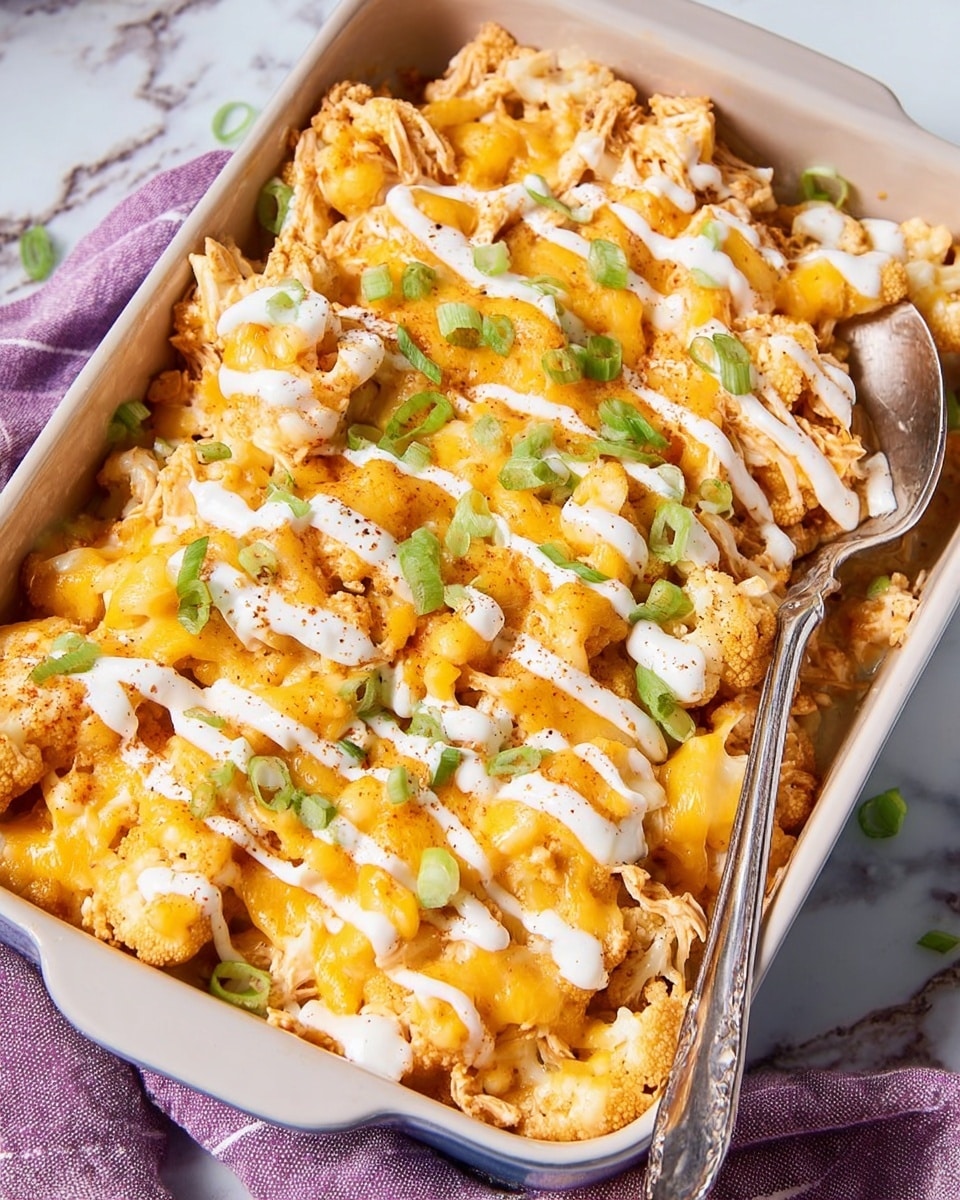 A white rectangular baking dish filled with a layered casserole, starting with a base of cooked shredded chicken mixed with cauliflower florets, covered by a thick layer of melted yellow and white cheese. The top is drizzled with white sour cream sauce in thin, even lines and sprinkled with small green onion pieces. A silver spoon rests on the right side inside the dish. The dish is placed on a white marbled surface with a purple striped cloth underneath one corner. photo taken with an iphone --ar 4:5 --v 7