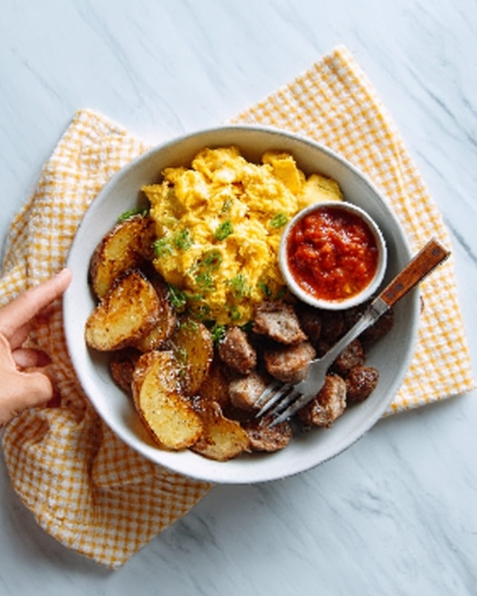 The image shows a white bowl containing a layered breakfast dish on a white marbled surface. At the bottom, there are golden-brown roasted potato slices. On top of the potatoes is a yellow, fluffy scrambled egg layer garnished with small green herbs. To the side inside the bowl, there are pieces of browned sausage chunks. Next to the sausage, there is a small white bowl filled with red salsa sauce. A fork with a wooden handle rests inside the bowl, and a woman's hand is reaching towards the bowl. The bowl sits on a light yellow and white checkered cloth. Photo taken with an iphone --ar 4:5 --v 7