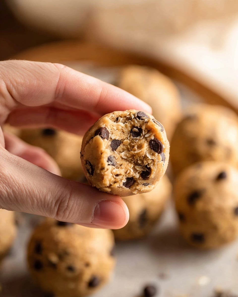 A close-up of a woman's hand holding a small round bite of cookie dough with chocolate chips and oat pieces visible inside; the dough is light brown and has a slightly rough texture. In the background, there are more unbaked dough balls of the same type, all placed on a surface with a soft focus but showing a light brown color. The scene has a cozy and homemade feel with warm lighting. photo taken with an iphone --ar 4:5 --v 7