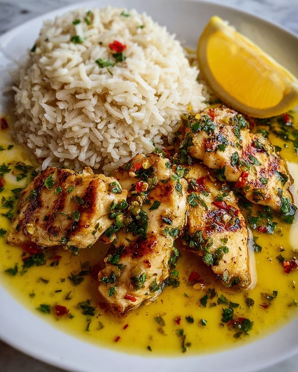 The image shows a white plate with three main layers: on the left side, there is a pile of white rice mixed with a few small green herbs and a small piece of red chili, showing a fluffy texture; on the right side, grilled chicken slices with a golden-brown crust covered in green herbs and small red pepper flakes, placed on top of a thick yellow sauce with visible herbs sprinkled inside it, creating a glossy look. In the background, there is a bright yellow lemon wedge slightly blurred. The whole dish is set on a white marbled surface. photo taken with an iphone --ar 4:5 --v 7