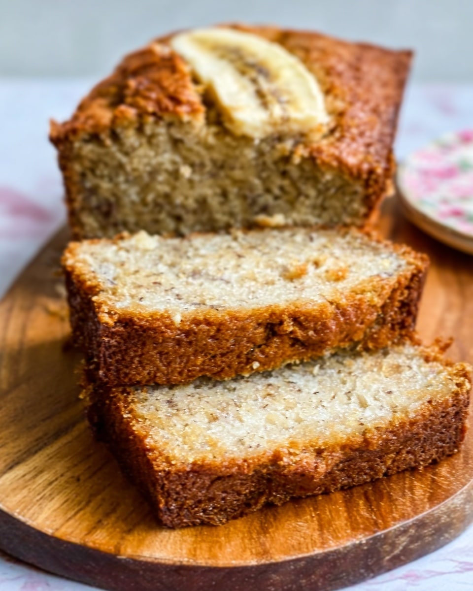 The image shows three thick slices of banana bread stacked on a wooden board. The bread has a golden-brown crust with a slightly darker baked edge. Inside, the bread is light beige with small chunks of banana and a moist, soft texture. On the top of each slice, there are visible pieces of banana that are caramelized and slightly shiny. The background has a soft focus with a white marbled surface partially visible beneath the wooden board. photo taken with an iphone --ar 4:5 --v 7