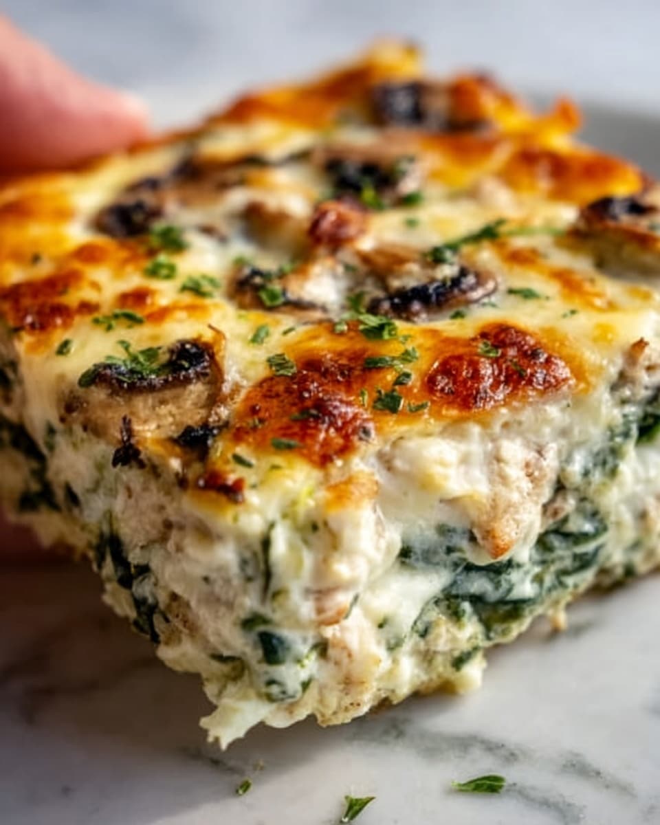 A close-up of a baked dish cut into a square piece, showing three main layers: the bottom layer is a light green spinach and cream mixture, the middle layer has small black mushroom pieces mixed with creamy white sauce, and the top layer is golden brown melted cheese with some browned crispy spots and sprinkled green herbs. The texture looks soft and creamy with slightly crisp edges. The dish is on a white marbled surface with a small part of woman's hand holding the piece at the corner. photo taken with an iphone --ar 4:5 --v 7