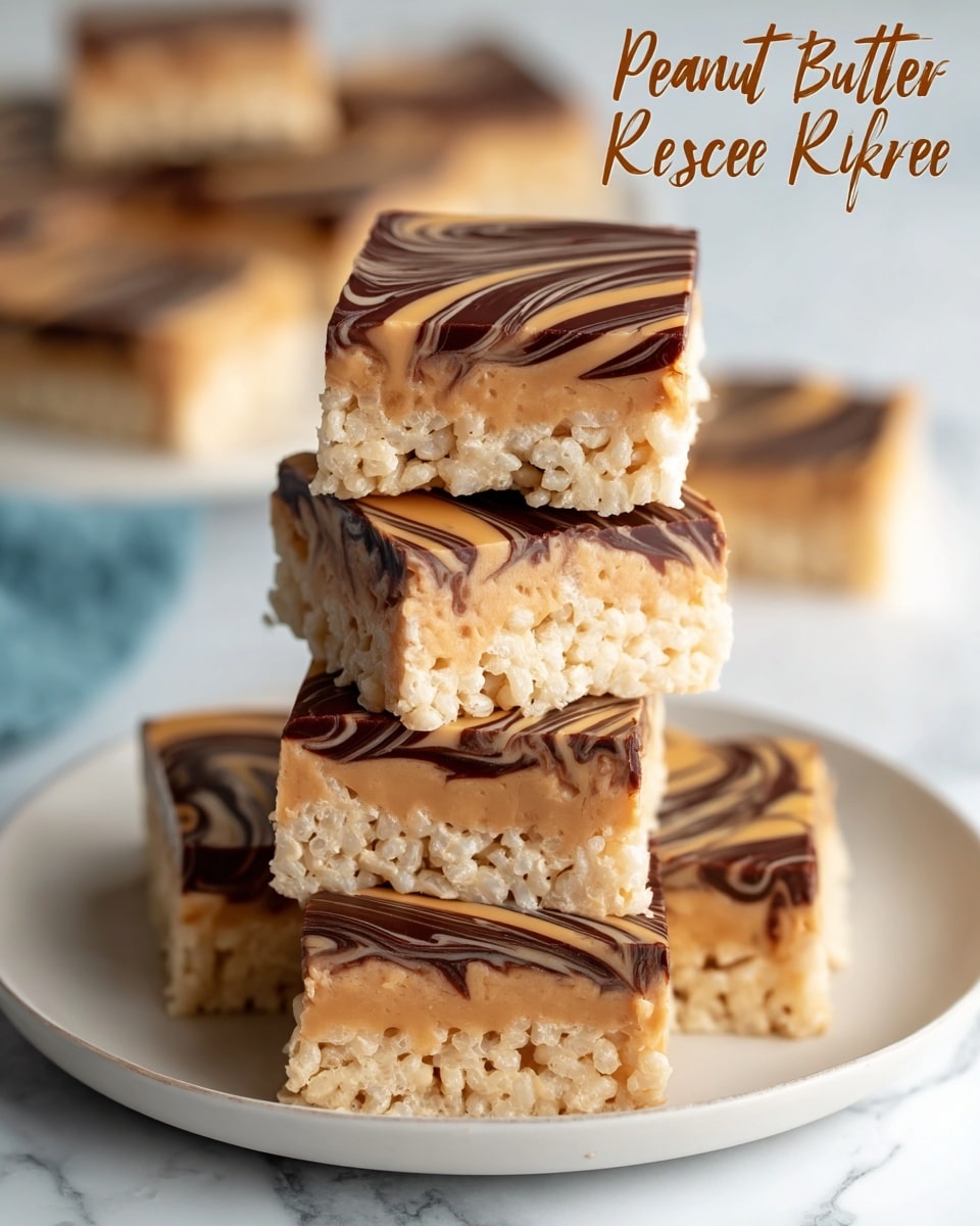 The image shows a stack of five square peanut butter rice krispie treats on a white plate. Each treat has two visible layers: the bottom layer is light beige with a crispy, airy texture showing the rice cereal, while the top layer is a smooth swirl of peanut butter tan and dark brown chocolate. The top surface has a glossy finish with swirled patterns of both colors flowing across. The plate is placed on a white marbled surface. In the background, there is a blurred piece of the treat, adding depth to the photo. photo taken with an iphone --ar 4:5 --v 7