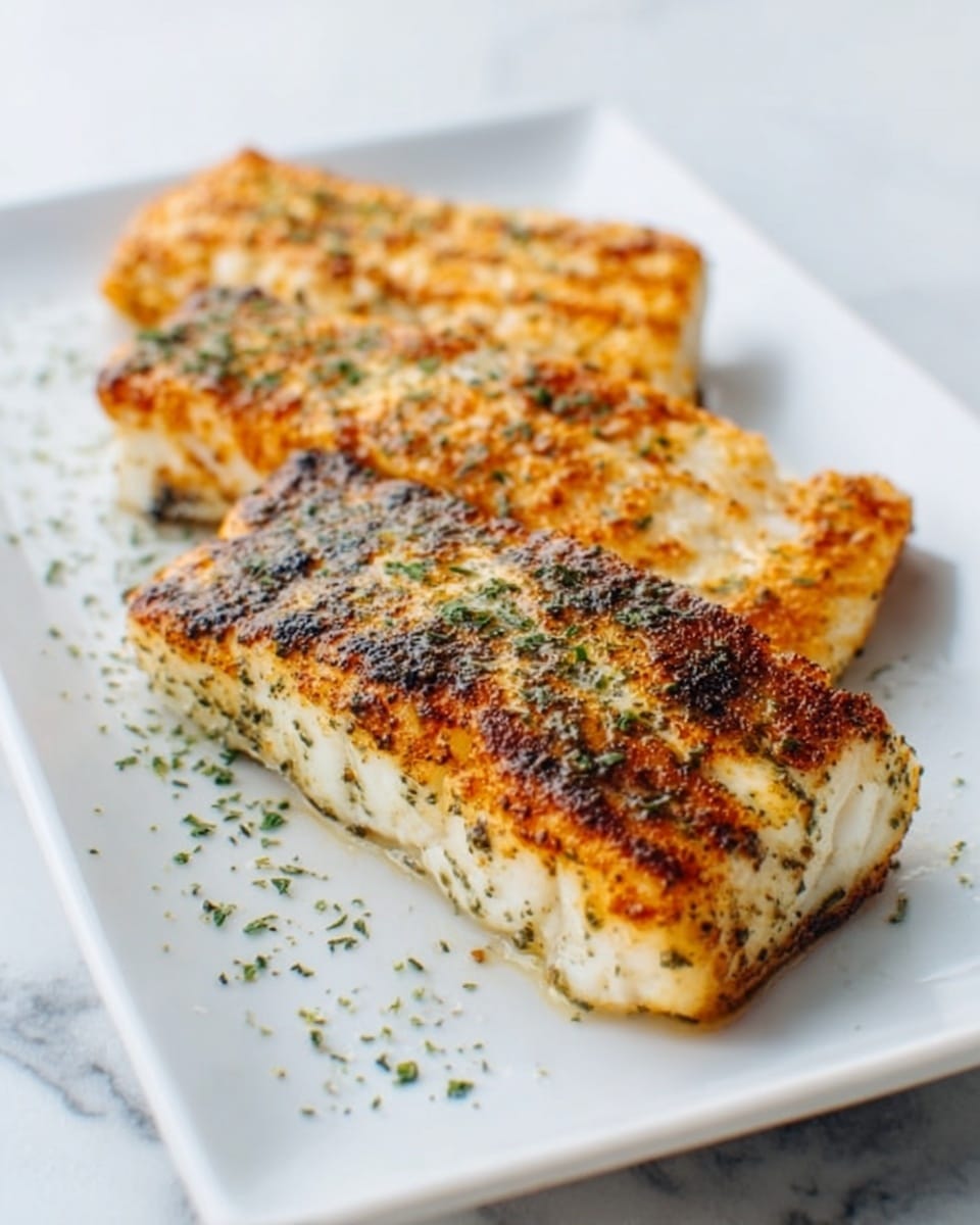 The image shows three pieces of grilled fish on a rectangular white plate, each piece golden brown with a crispy outer layer and a sprinkle of green herbs on top. The fish has a slightly rough texture from the grill marks, and the plate is placed on a white marbled surface. The background is simple and light, putting full focus on the fish pieces. Photo taken with an iphone --ar 4:5 --v 7