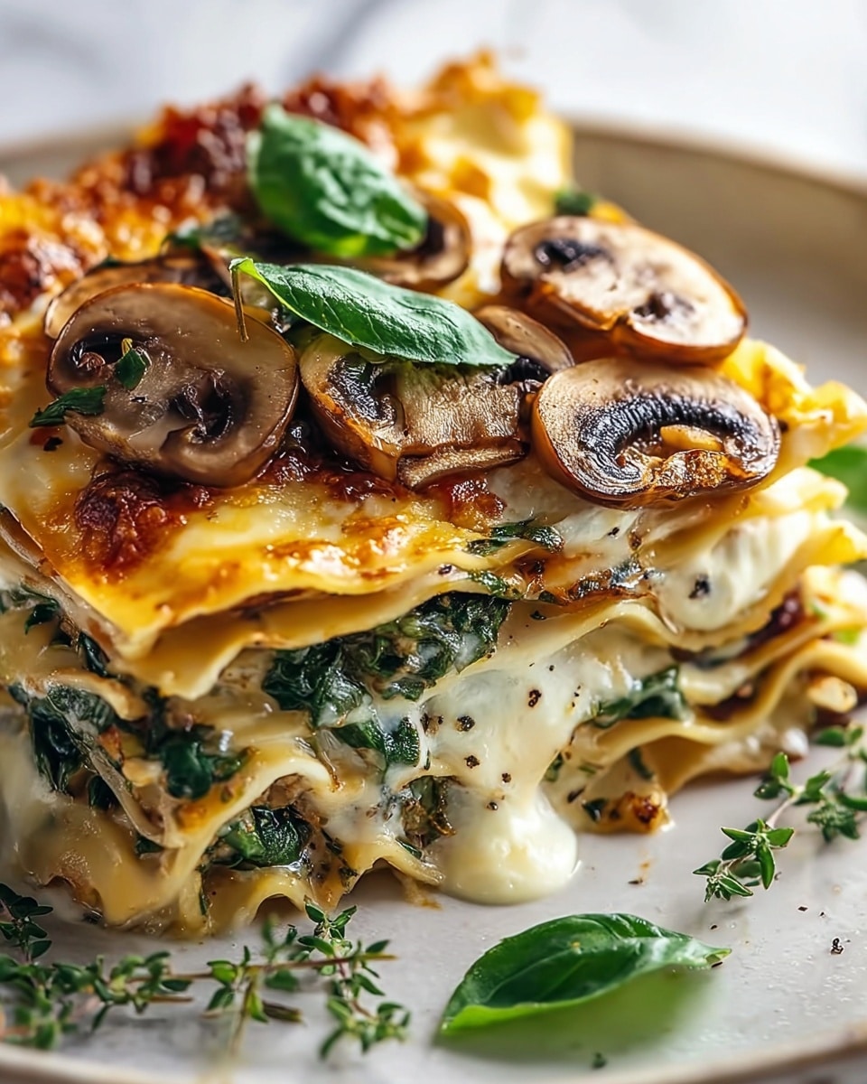 A close-up of a four-layer lasagna slice shows each pasta layer golden and slightly crispy on the edges, with creamy white cheese sauce and sautéed spinach between the layers. Thinly sliced, light brown mushrooms rest on the top layer and inside the lasagna, with fresh green basil leaves placed on top for decoration. The lasagna is on a white plate with small green herb sprigs around it, all set against a white marbled texture. photo taken with an iphone --ar 4:5 --v 7