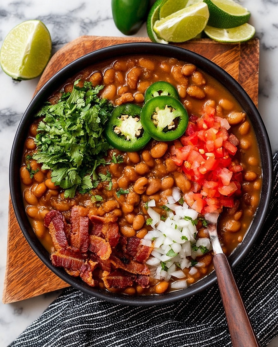 A black bowl filled with cooked beans in a thick brown sauce, topped with chopped fresh green cilantro on the left, two slices of green jalapeño with seeds visible in the center, diced red tomatoes and finely chopped white onions to the right of the jalapeño, and small crispy pieces of reddish-brown bacon on the bottom left. A wooden spoon with a dark handle is partially submerged in the beans on the right side. The bowl is placed on a wooden board on a white marbled surface with a black and white striped cloth partially underneath, two lime wedges at the top left, and a whole green jalapeño at the bottom left. photo taken with an iphone --ar 4:5 --v 7