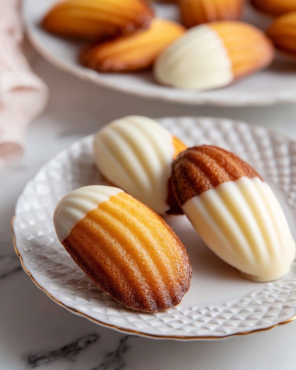 Three madeleines sit on a white plate with a textured edge and gold trim, each with a shell-like shape and gold brown color. Each madeleine is half-dipped in smooth white chocolate, covering one end and contrasting with the ridged side exposed in golden brown. In the blurred background, more madeleines on a white plate can be seen on a white marbled surface, adding depth to the scene. photo taken with an iphone --ar 4:5 --v 7