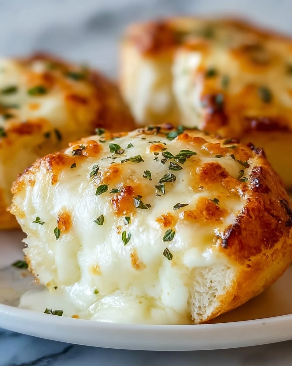 The image shows a close-up of a cheesy baked dish featuring one main piece in the front and two blurred pieces in the background. Each piece has two visible layers: a base layer of golden brown bread or dough with a slightly crispy texture, and a thick, gooey top layer of melted white cheese that is browned and bubbly in spots, creating a light golden crust. Small pieces of green herbs are scattered evenly over the cheese layer, adding a fresh contrast. The dish is served on a white plate with a white marbled texture underneath. Photo taken with an iphone --ar 4:5 --v 7