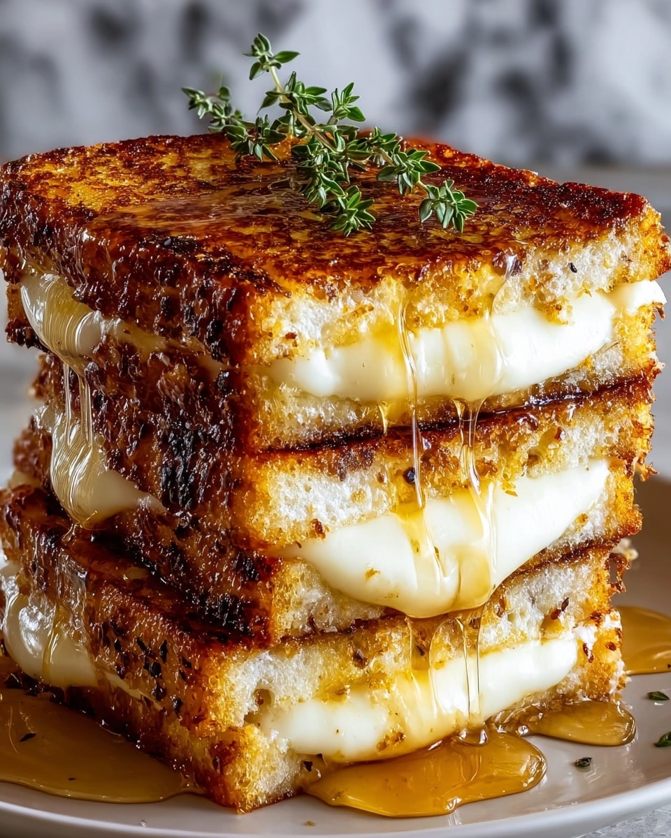 A close-up view of a thick stack of four grilled cheese sandwich layers, each with golden brown toasted bread showing a slightly crispy texture with dark grill marks. Between each bread layer, smooth melted white cheese oozes slightly out the sides, creating a creamy contrast. Honey or syrup is drizzled over the stack, shiny and golden, flowing down the sides and pooling on the white plate beneath. A small sprig of fresh green thyme sits on top, adding a touch of color and freshness. The background features a white marbled texture. photo taken with an iphone --ar 4:5 --v 7