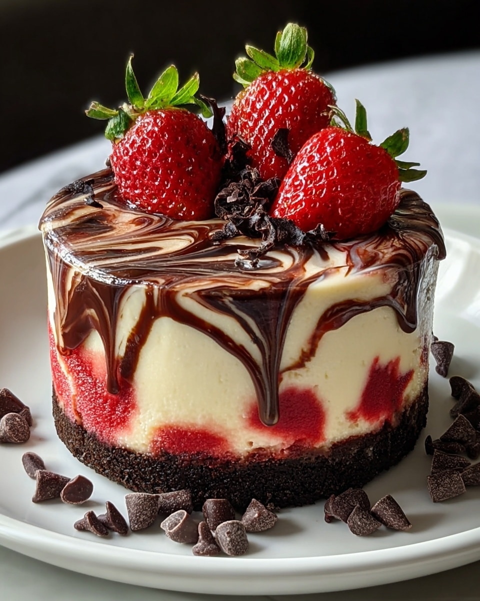 A small round cake with three main layers sits on a white plate. The bottom crust layer is dark brown and crumbly. The middle layer is smooth and creamy white with red swirls that blend in softly. The top layer has a large mix of dark brown and red swirls that look like melted chocolate and strawberry sauce, dripping slightly down the sides. On top, there are three fresh strawberries, one whole and two cut in half, bright red with green leaves, surrounded by small dark chocolate chips scattered in between. The photo is taken with an iphone --ar 4:5 --v 7