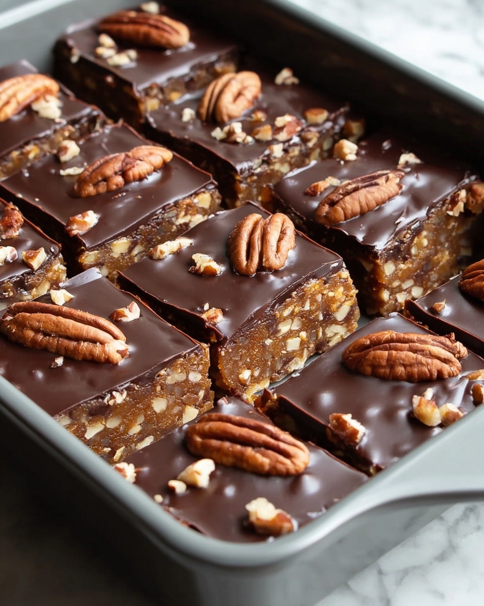 This image shows a square dessert bar cut into equal pieces inside a light grey baking dish. The dessert has two visible layers: the bottom layer is dense and light brown with bits of nuts mixed in, and the top layer is a smooth, dark chocolate coating. Each square piece is topped with a whole pecan half, and small broken nuts are scattered on the chocolate surface. The texture of the bottom layer looks soft and chewy, while the chocolate layer is shiny and firm. The dish sits on a white marbled surface. photo taken with an iphone --ar 4:5 --v 7