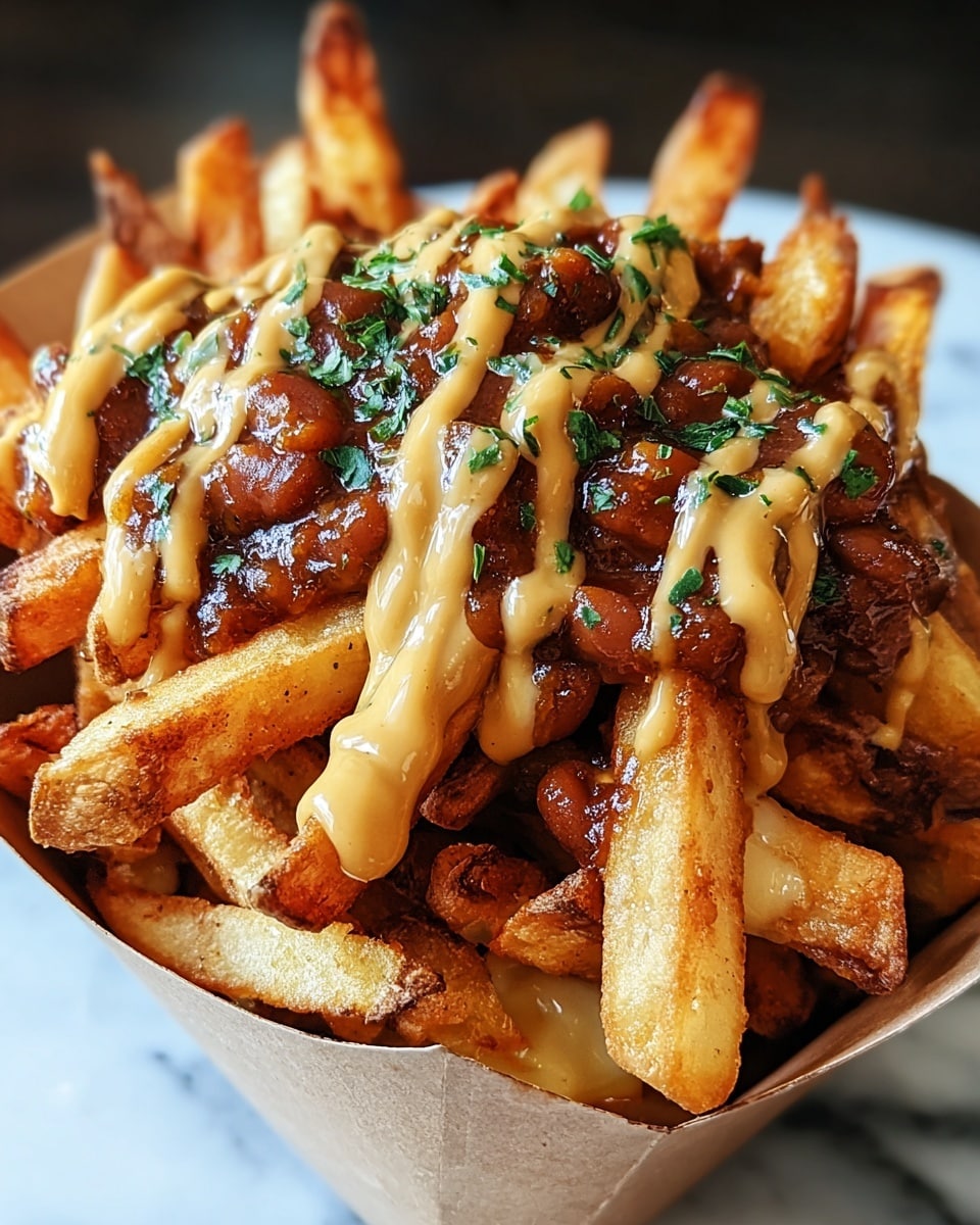 A close-up view of golden crispy fries piled high inside a brown paper container, topped with a rich layer of thick, glossy brown chili beans and finely chopped green herbs scattered on top. A creamy, tan-colored mustard sauce is drizzled in thick lines over the chili and fries, adding a smooth texture and visual contrast. The fries show some darker edges, indicating a perfect crunch, and some melted cheese is peeking through near the bottom. The background is blurred with a white marbled texture. photo taken with an iphone --ar 4:5 --v 7