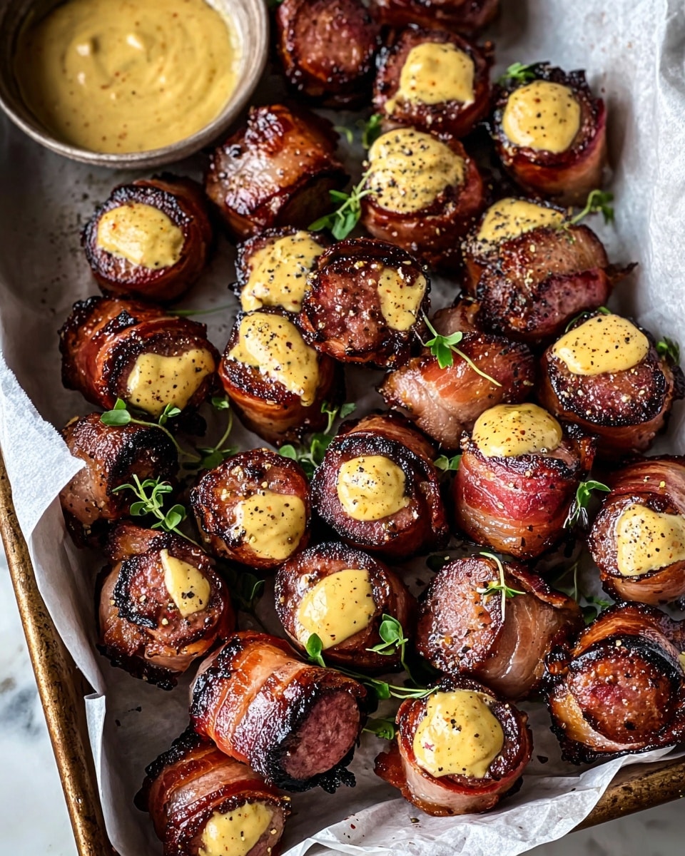 The image shows a tray lined with white parchment paper filled with bite-sized rounds of sausage wrapped in crispy bacon. Each piece is browned and charred in spots, with some topped with a dollop of yellow mustard sauce speckled with black pepper. Small green herb leaves are scattered around for garnish, and the tray sits on a white marbled textured surface. The sausage pieces are arranged close together, creating a textured and rich look with shiny, glistening surfaces from the cooked fat and sauce. Photo taken with an iphone --ar 4:5 --v 7