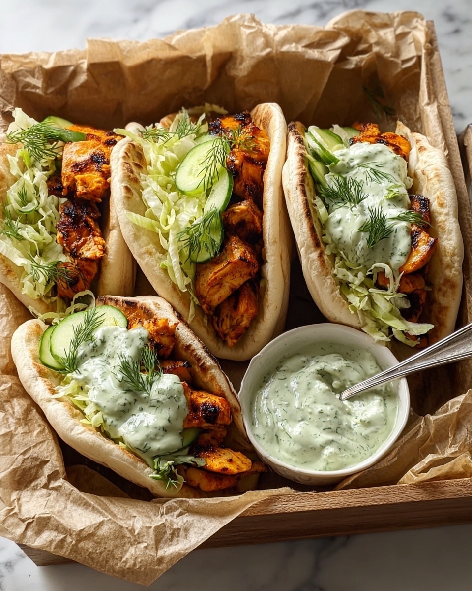 Two grilled chicken pita sandwiches are shown on crumpled brown paper over a white marbled surface. Each pita has a toasted golden-brown outer layer, soft inside, folded open to hold the fillings. Inside, there is a base layer of green spinach leaves, topped with bright yellow grilled chicken pieces with char marks. Above the chicken sits crisp shredded pale green cabbage mixed with light green cucumber slices, adding texture and freshness. The top layer has a drizzle of creamy white tzatziki sauce with visible herb bits. Small sprigs of dill garnish the sandwich. To the side, two white bowls hold extra shredded cabbage and more tzatziki sauce, each with a wooden spoon. The photo is taken with an iphone --ar 4:5 --v 7