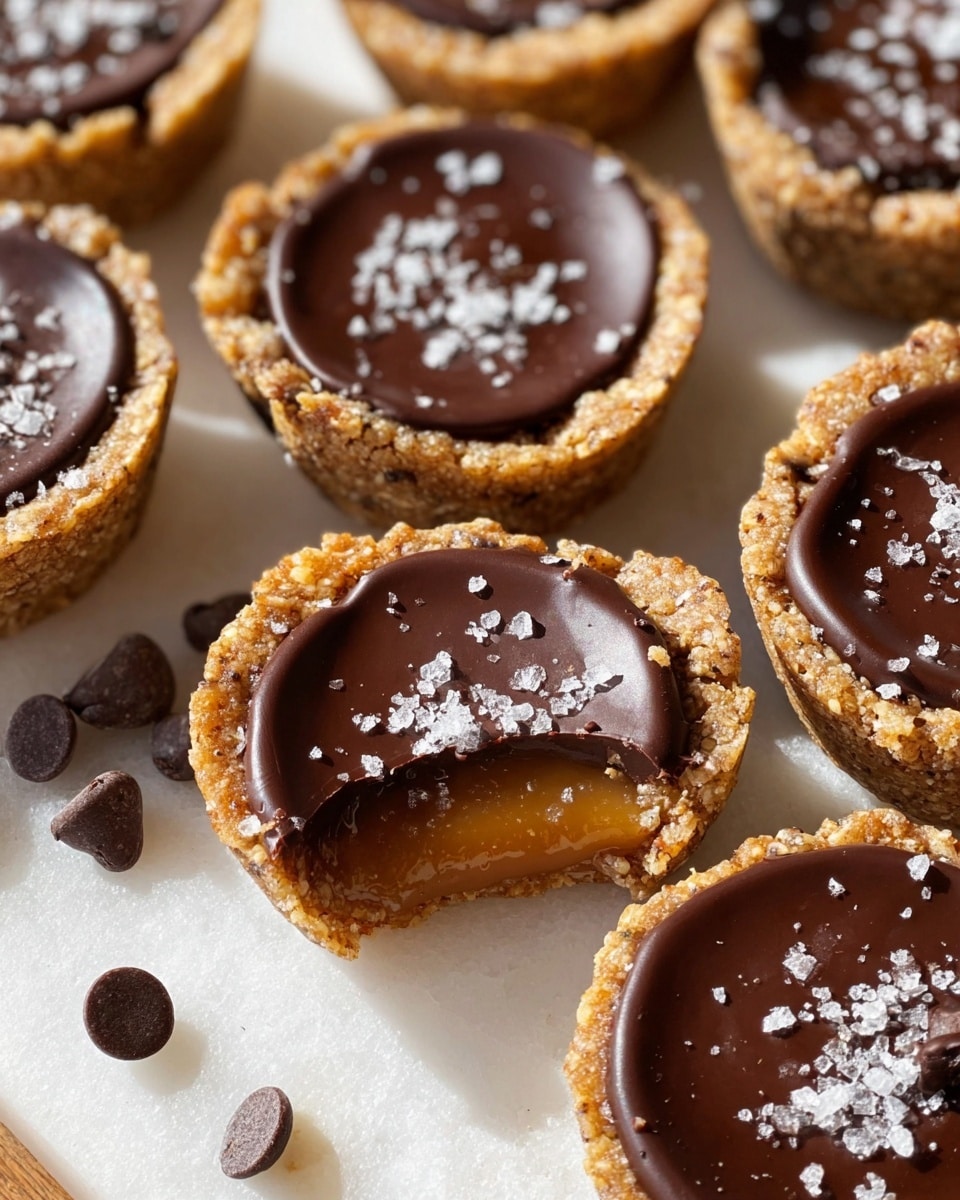 The image shows several small round treats with three visible layers: a light brown, coarse, nutty base forming a thick cup-shaped crust; a middle layer of smooth, golden caramel visible in the one treat that is bitten into; and a glossy dark chocolate top layer covering the caramel and crust, sprinkled with a few flakes of coarse sea salt. The treats are arranged closely together on a white marbled surface with some scattered chocolate chips. Soft natural light highlights the texture of the crust and the shiny chocolate topping, giving a warm and inviting look. Photo taken with an iphone --ar 4:5 --v 7