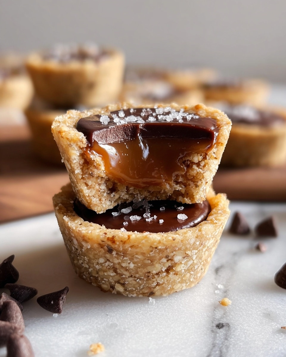 The image shows two small tartlets stacked on a white marbled surface, with one tartlet on top having a bite taken out, revealing a thick, smooth caramel layer inside. The tartlets have a crumbly, light golden-brown crust that looks crunchy and textured with small nut pieces. On top of each tartlet is a glossy dark chocolate layer, sprinkled lightly with coarse sea salt, giving a slight sparkle. Around the tartlets are a few scattered dark chocolate chips, adding contrast to the scene. In the background, more tartlets are slightly blurred, emphasizing focus on the front stack. photo taken with an iphone --ar 4:5 --v 7