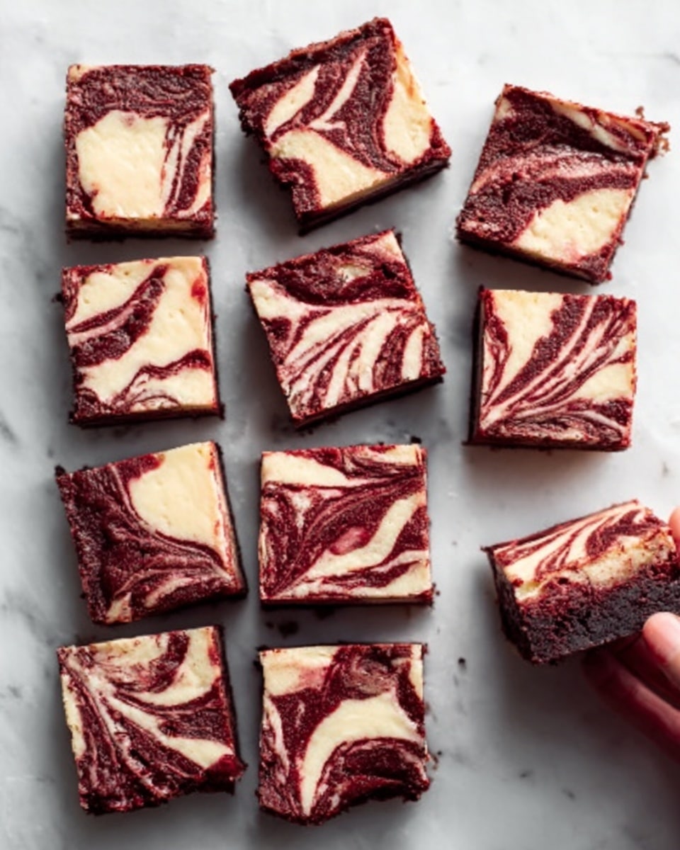 The image shows nine square pieces of swirled cheesecake brownies arranged on a white marbled surface, with one piece held by a woman's hand at the bottom right. Each brownie has a deep reddish-brown base layer with creamy white swirls on top, creating a marbled effect. The brownies have a rich, dense texture contrasting between the smooth cream cheese layer and the fudgy chocolate layer. The light coming from the side highlights the glossy surface of the swirls and the slight crumb around the edges. photo taken with an iphone --ar 4:5 --v 7