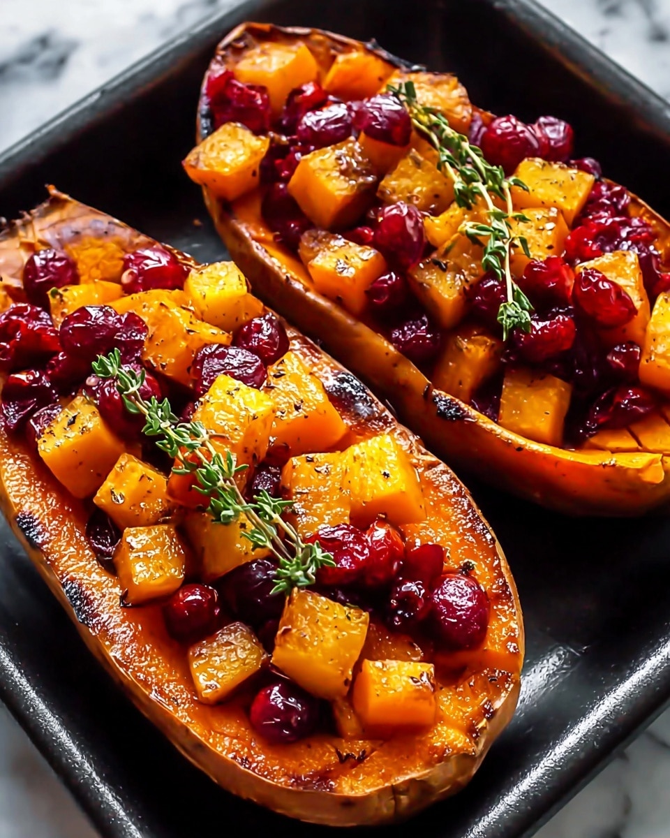 Two roasted sweet potato halves with an orange-brown crispy skin form the base layer. They are hollowed out and filled with small cubes of golden brown roasted butternut squash and bright red, glossy cranberries placed evenly on top. A sprig of green fresh thyme sits in the middle of the filling on each sweet potato half. The dish is presented side by side on a black tray, with the close-up view showing the rich texture and slight char on the squash cubes and cranberries. The background is a white marbled texture. photo taken with an iphone --ar 4:5 --v 7