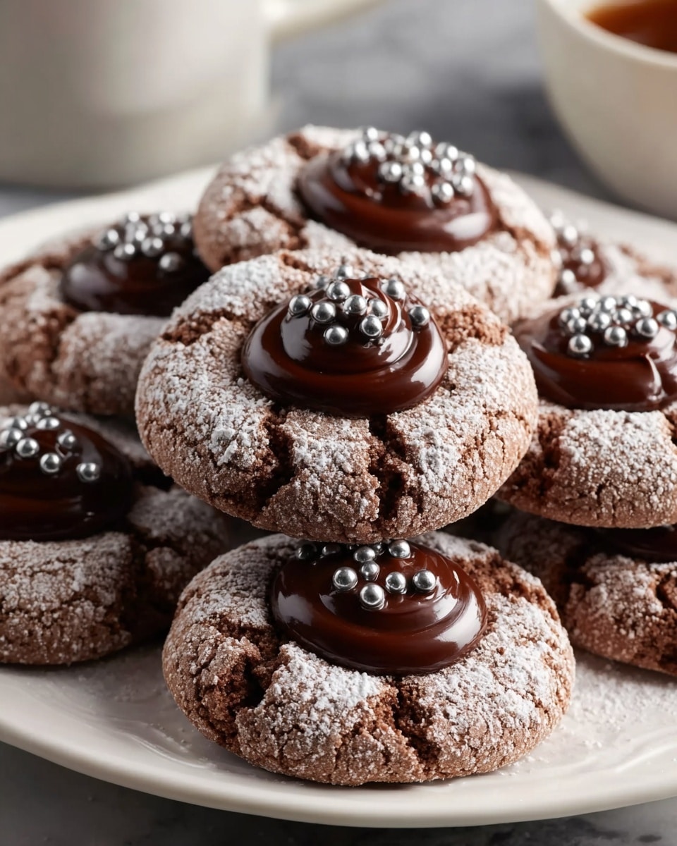 A white plate holds six soft chocolate cookies, each with a cracked texture and a dusting of powdered sugar on top. In the center of each cookie, there is a glossy swirl of dark chocolate cream, surrounded by a small ring of tiny silver candy beads. The cookies are stacked slightly, showing their thickness and soft texture, placed on a white marbled surface with a blurred cup in the background. photo taken with an iphone --ar 4:5 --v 7