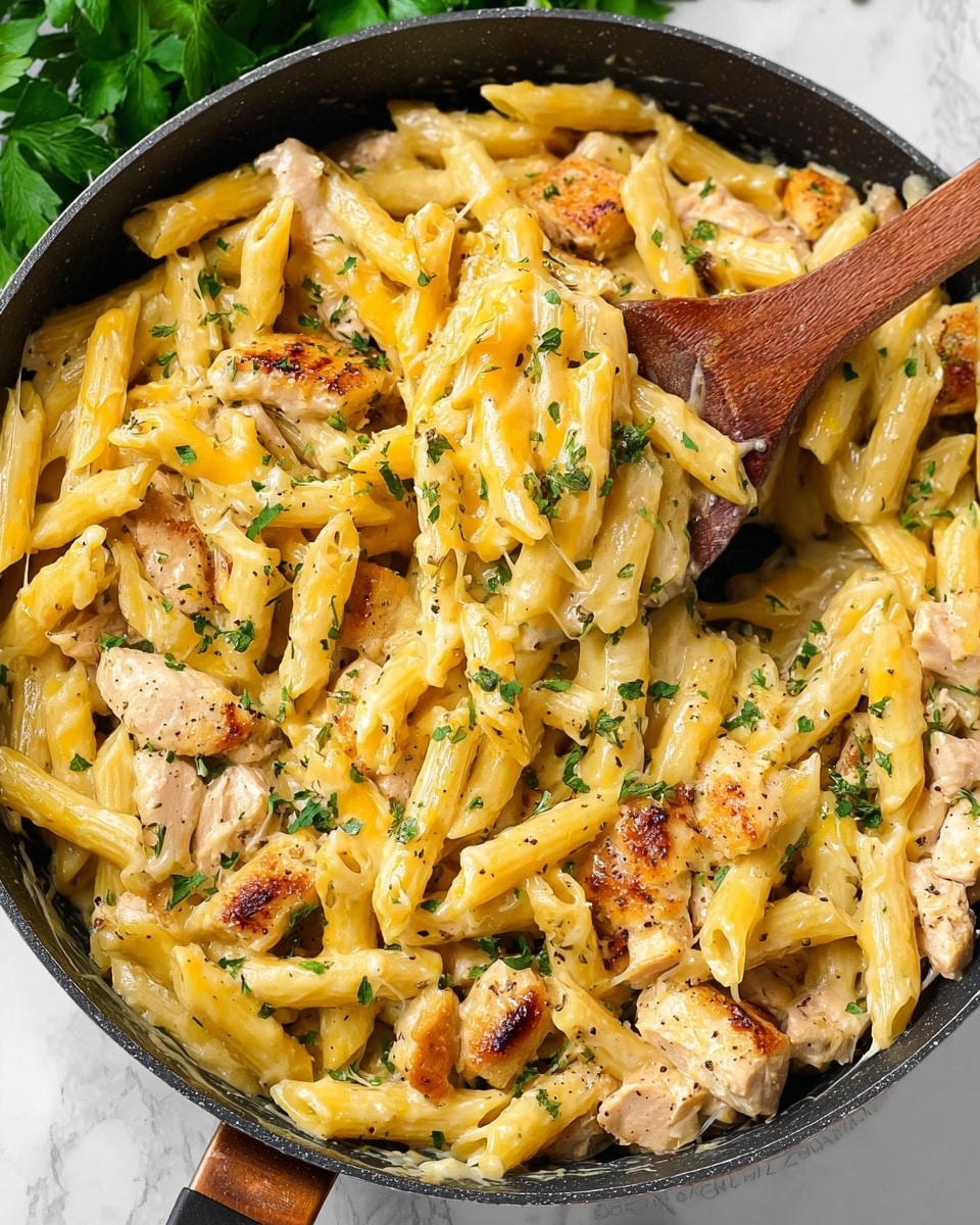 A close-up view of a cooked pasta dish in a black frying pan on a white marbled surface, showing creamy penne pasta mixed with melted yellow cheese and pieces of light brown chicken. The penne pasta is coated with a creamy sauce and topped with finely chopped green herbs and speckled with black pepper. A wooden spoon lifts some pasta in the center of the pan, revealing a mix of cheese, pasta, and chicken underneath. Green leaves are partially visible in the top background. photo taken with an iphone --ar 4:5 --v 7