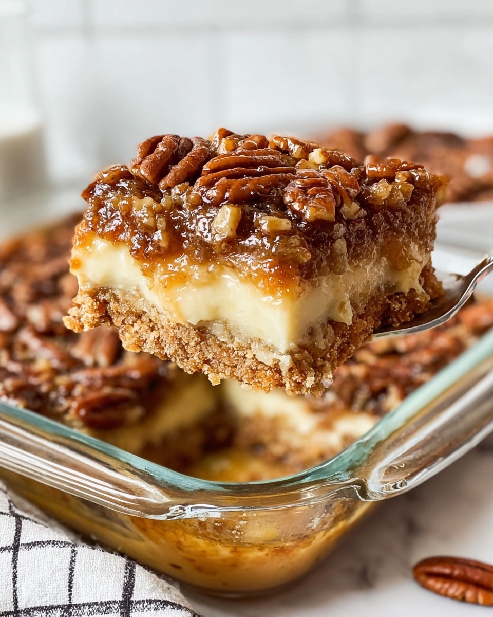 A square piece of a brown pecan dessert with a crumbly top layer is lifted on a spoon from a clear glass baking dish. The dessert has a golden-brown nutty layer covered with whole pecans on top, a smooth creamy pale yellow middle layer, and a slightly darker brown bottom crust that looks firm and rich. The dish sits on a white marbled surface with a white and black checkered cloth underneath. Photo taken with an iphone --ar 4:5 --v 7