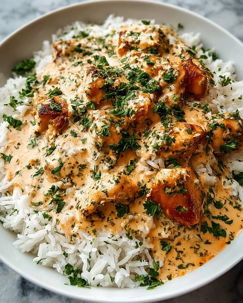 A white bowl filled with a base layer of fluffy white rice, topped with a creamy orange-beige sauce mixed with browned chunks of chicken. The sauce looks rich and thick with visible herbs and small bits, covering the chicken pieces well. Fresh green chopped parsley is sprinkled all over the dish, adding a bright contrast to the warm colors of the sauce and chicken. The bowl sits on a white marbled texture surface. photo taken with an iphone --ar 4:5 --v 7