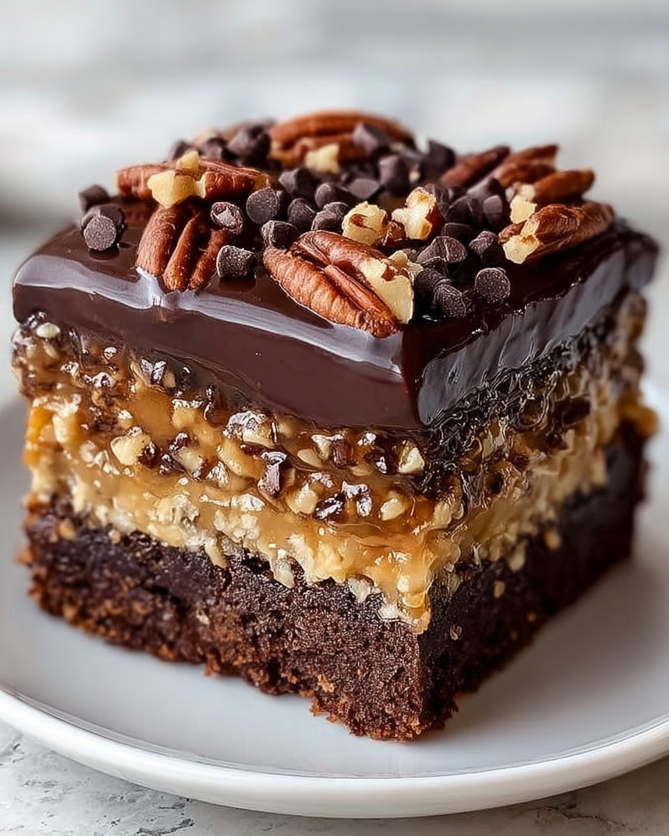 A square dessert slice with three visible layers sits on a white plate, placed on a white marbled surface. The bottom layer is a dark brown, dense, and moist chocolate cake. The middle layer is a golden caramel nut mixture with crunchy textures, holding small nut pieces. The top layer is a glossy dark chocolate ganache, covered with whole pecans and scattered dark chocolate chips, creating a shiny, rich finish. Photo taken with an iphone --ar 4:5 --v 7
