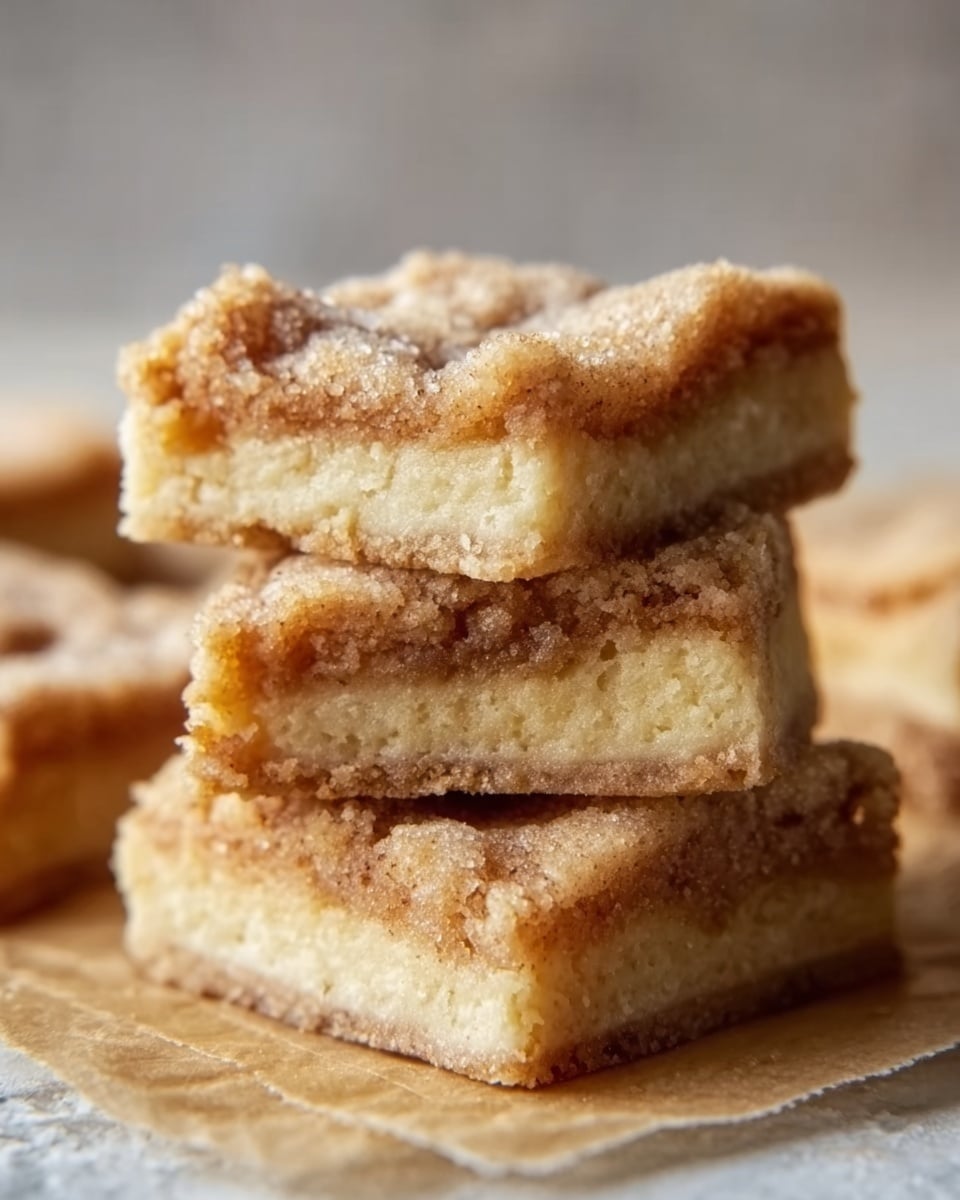 A close-up of three square crumb bars stacked with two on the bottom and one resting on top at an angle, showing a thick sandy tan crumbly texture with a light brown sugary topping and a slightly darker middle layer visible on the sides. The bars have a rough surface with visible sugar grains and crumbs around them on a piece of parchment paper. The background is softly blurred white marbled texture, giving focus to the crumb bars. Photo taken with an iphone --ar 4:5 --v 7