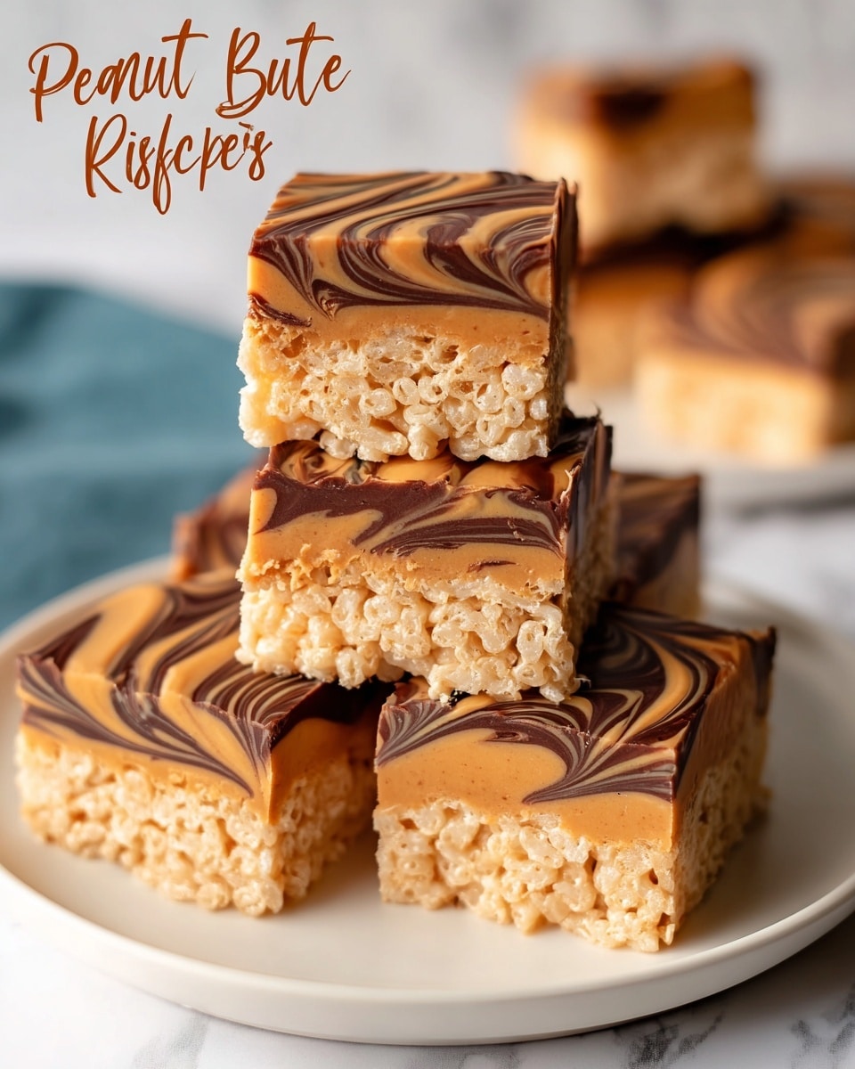 The image shows a stack of six peanut butter rice Krispie treats on a white plate. Each treat is square with a light tan base made of puffed rice cereal held together in a soft texture. The top layer has swirled peanut butter and chocolate, creating wavy lines in tan and dark brown colors. The treats are stacked unevenly, with two blocks in the front and four behind them. The background has a soft white marbled texture. Photo taken with an iphone --ar 4:5 --v 7